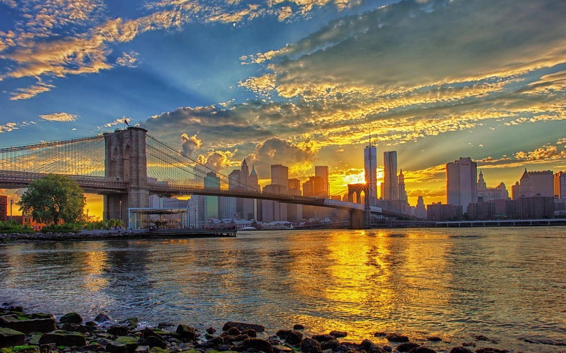 1920x1200 Bridges Brooklyn Bridge Sunrise Beautiful New York Sky Wallpaper Wide :