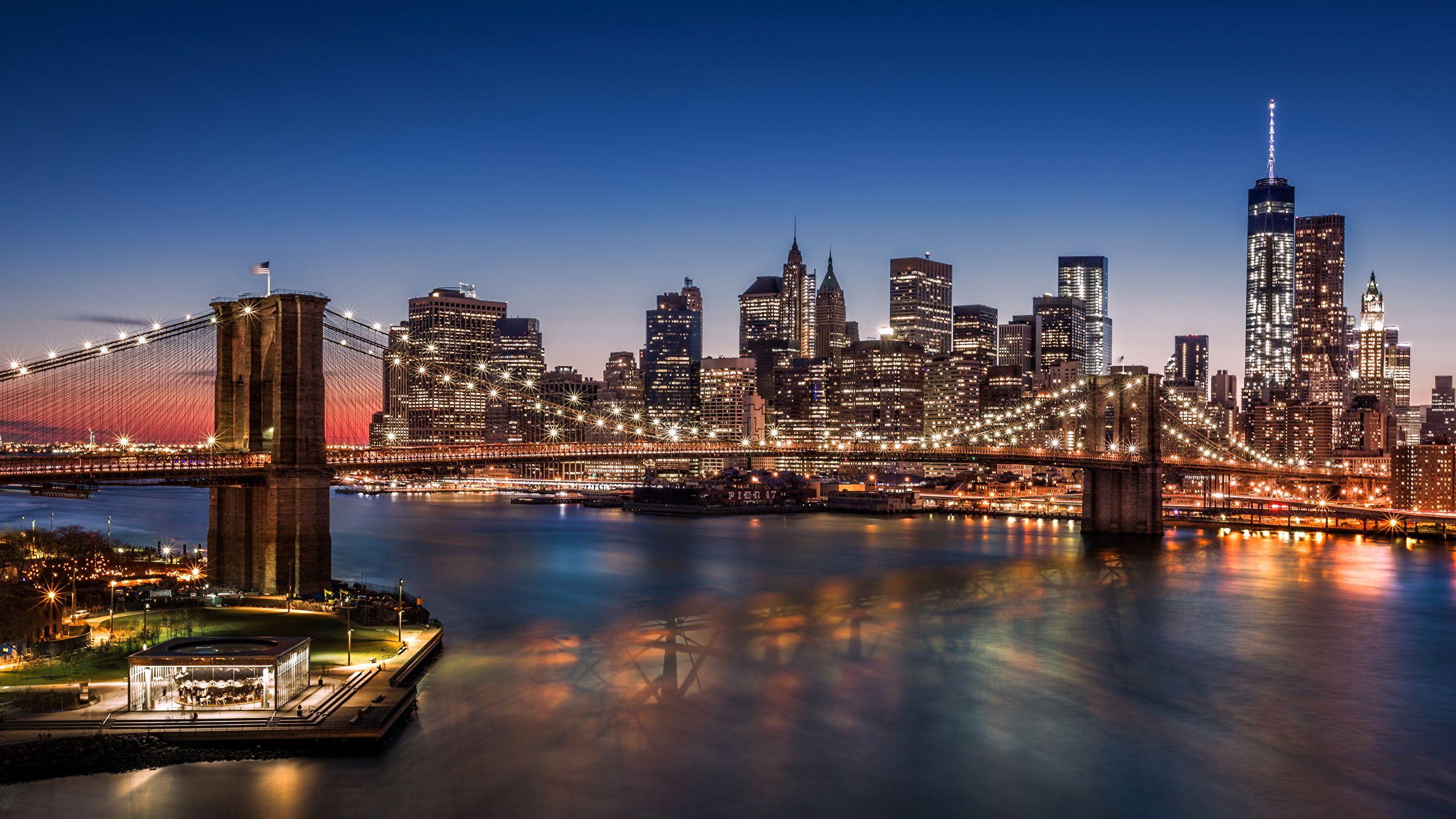 2560x1440 image Manhattan New York City USA Brooklyn Bridge bridge 2560x1440