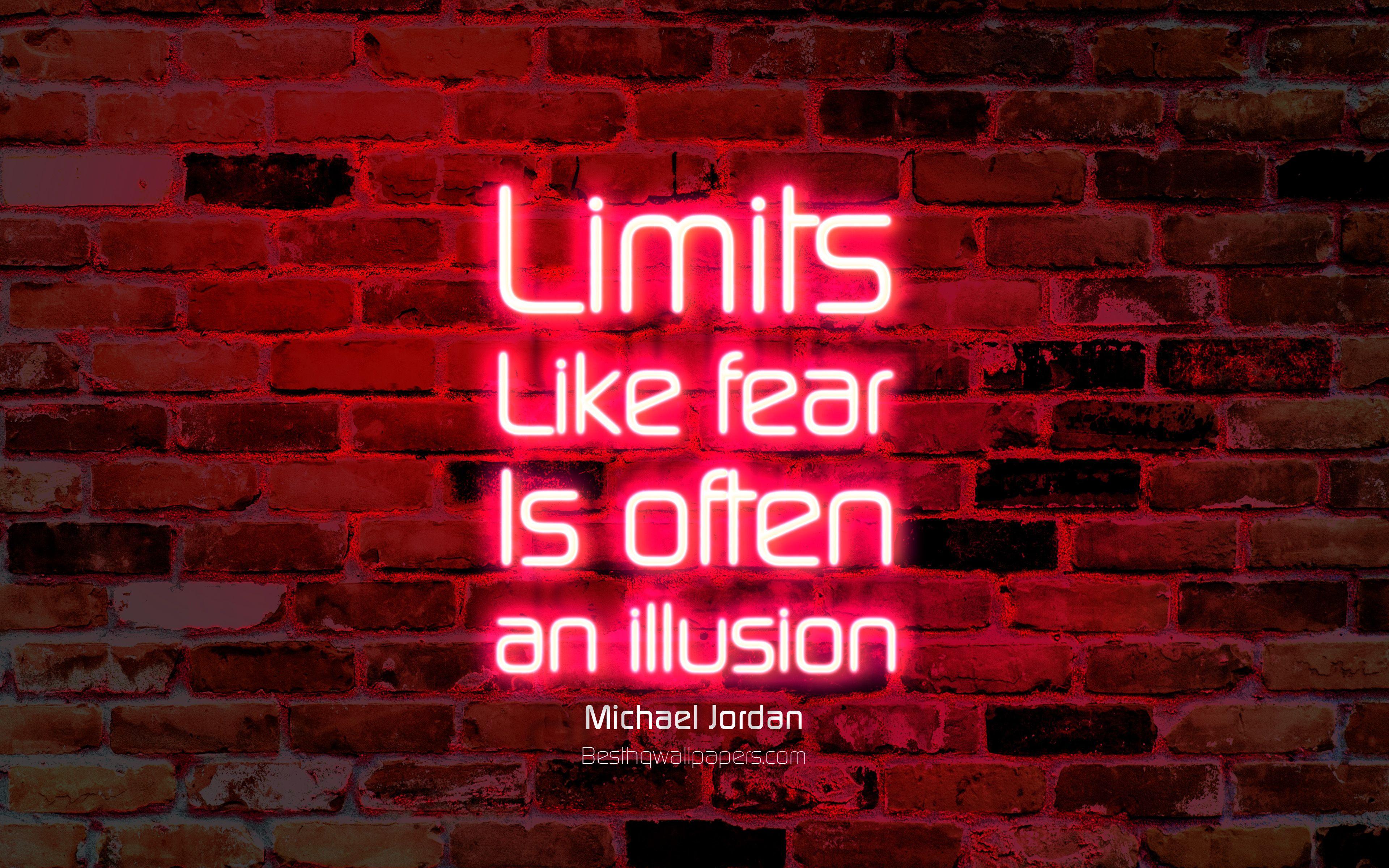 3840x2400 Download wallpaper Limits Like fear Is often an illusion, 4k, purple brick wall, Michael Jordan Quotes, neon text, inspiration, Michael Jordan, quotes about limits for desktop with resolution 3840x2400. High Quality HD
