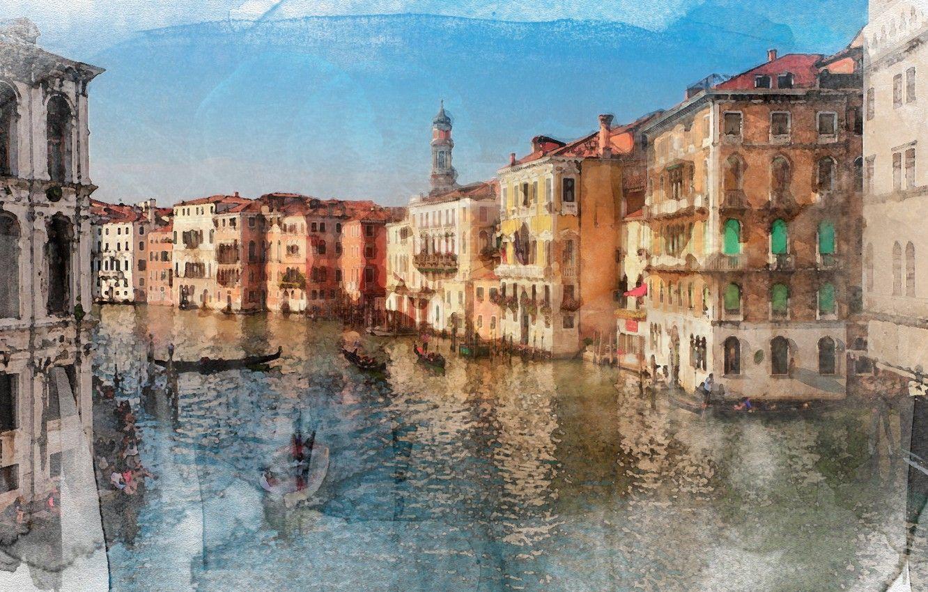 1332x850 Wallpaper water, paint, boats, Venice, painting, gondola, Watercolor image for desktop, section живопись
