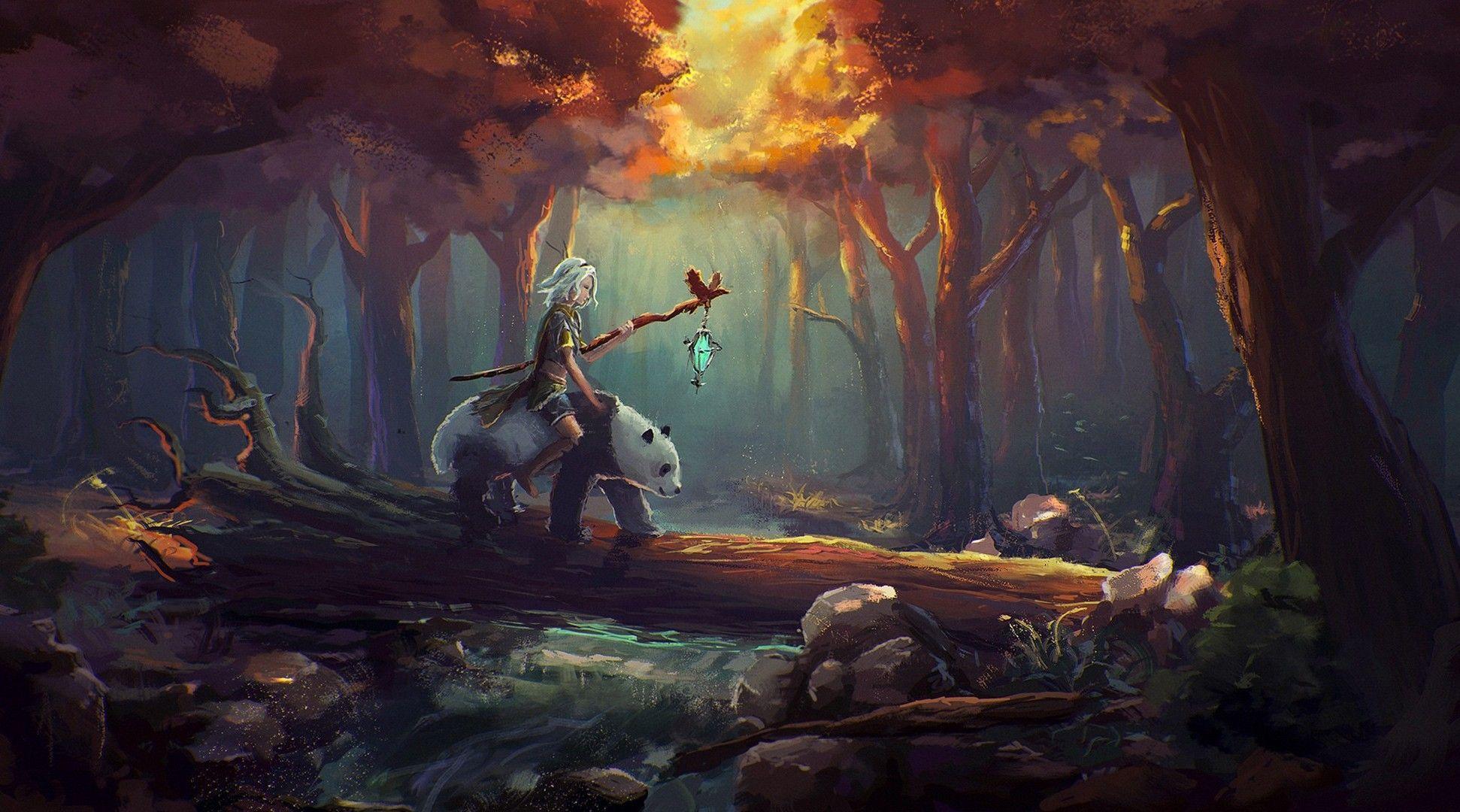 1942x1080 fantasy Art, Panda, White Hair, Forest, Painting Wallpaper HD / Desktop and Mobile Background