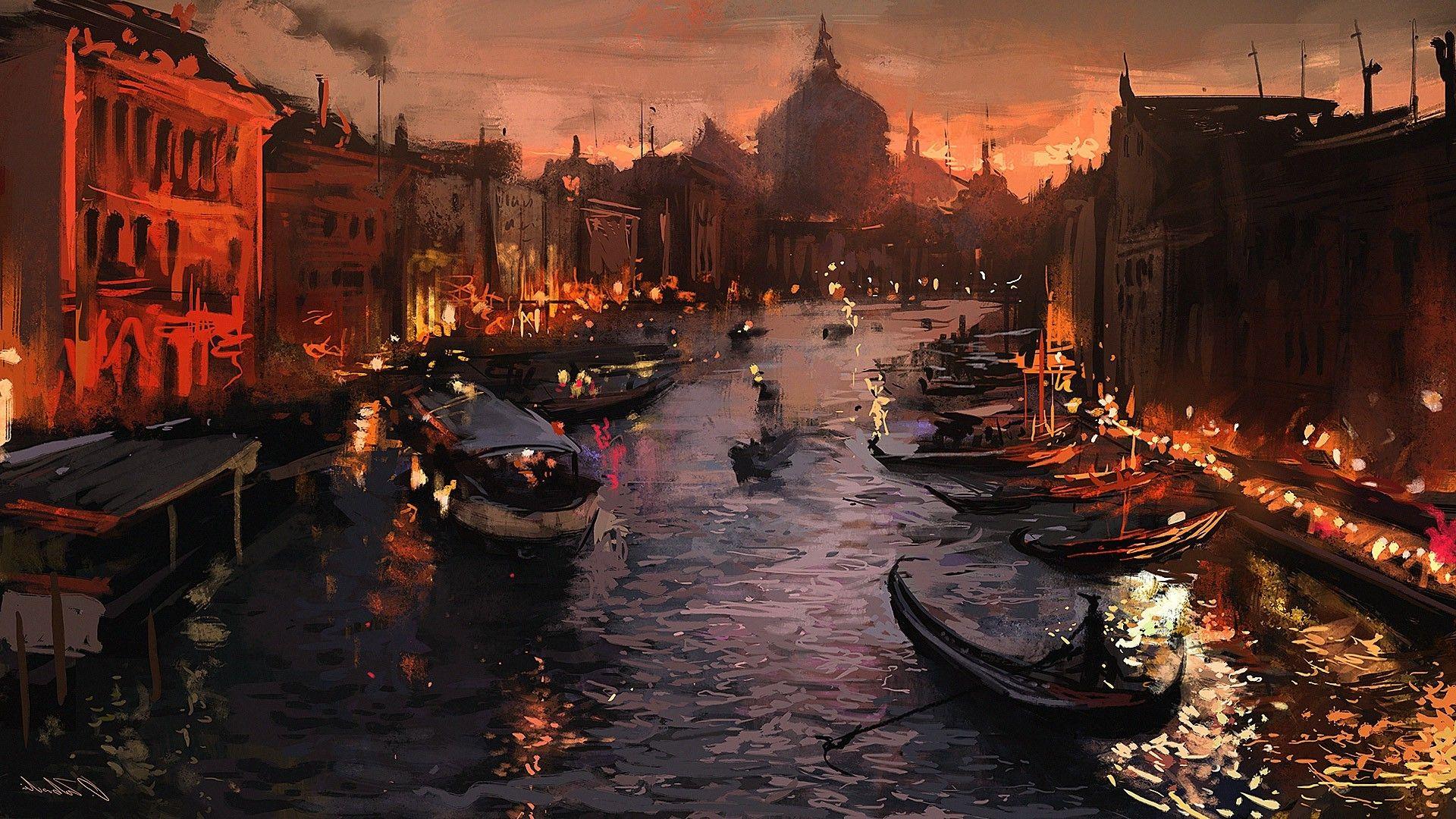 1920x1080 river, Venice, Gondolas, Italy, Artwork, Painting Wallpaper HD / Desktop and Mobile Background