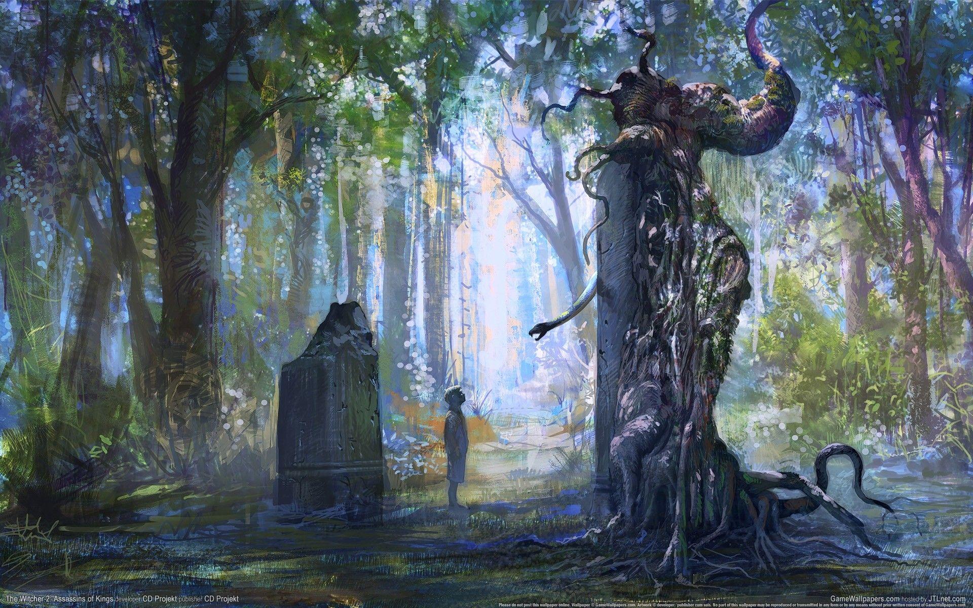 1920x1200 Wallpaper, scenic, tree, forest, witcher, snake, ruins, image, painting