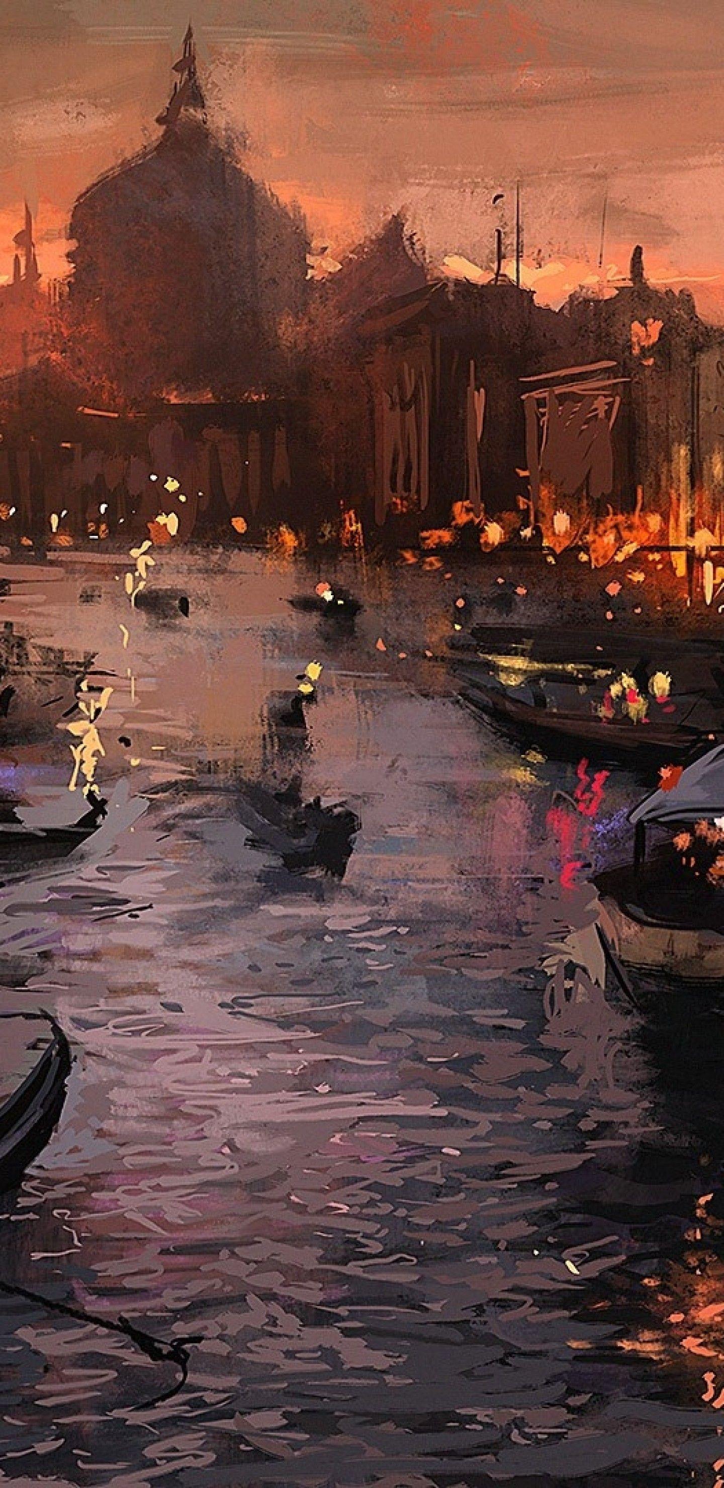 1440x2960 Download 1440x2960 Venice, Painting, Buildings, Canal, Italy, Artwork, Boats, Gondolas Wallpaper for Samsung Galaxy S Note S S8+, Google Pixel 3 XL