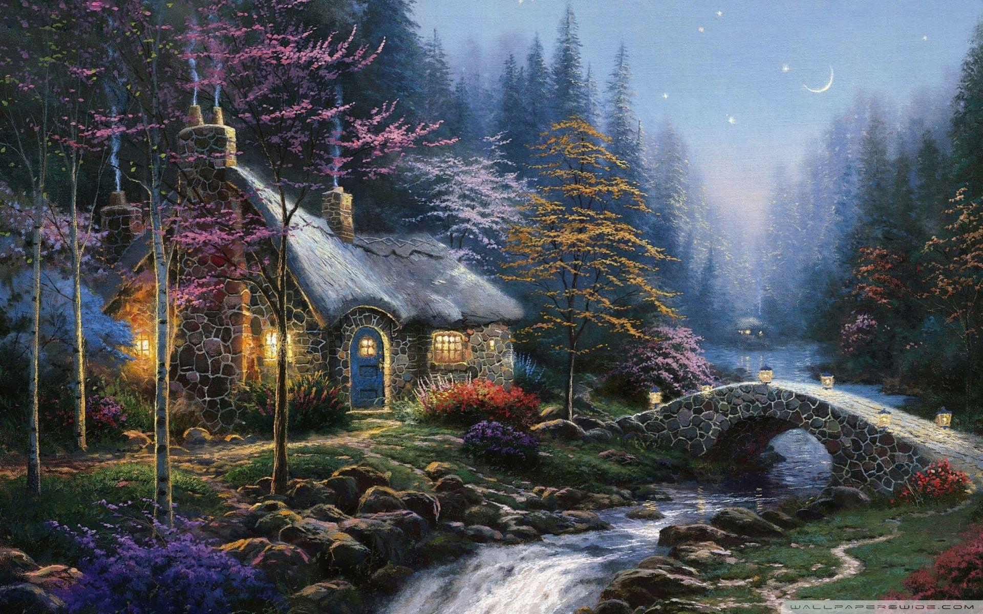 1920x1200 Forest Cottage Spring Painting Ultra HD Desktop Background Wallpaper for 4K UHD TV : Tablet