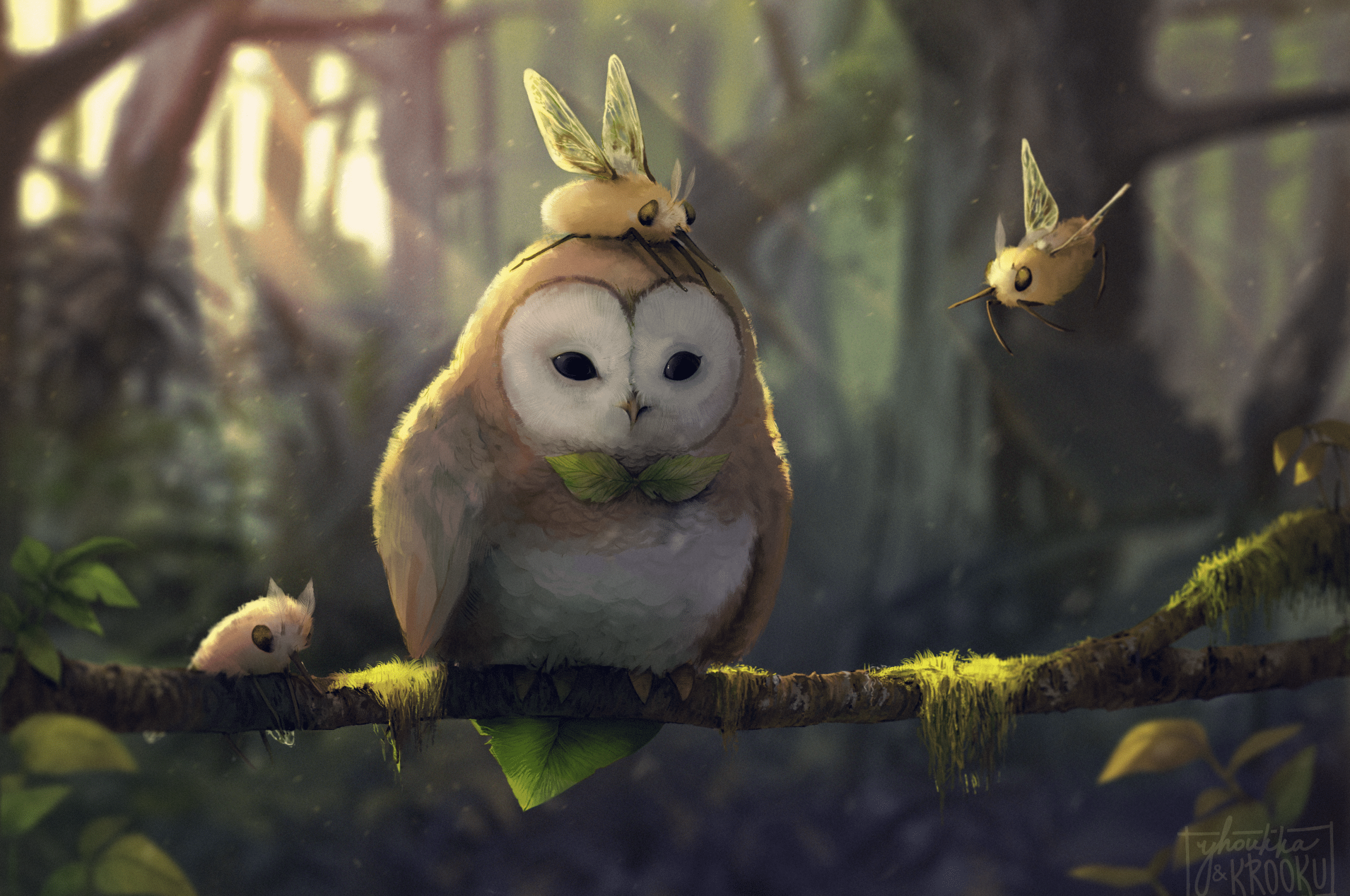 2560x1700 Download 2560x1700 Owl, Insects, Artwork, Forest, Sunbeam, Painting, Branch Wallpaper for Chromebook Pixel