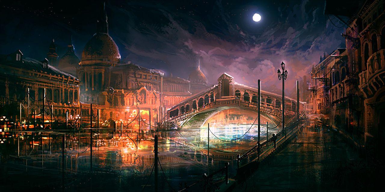 1280x640 Picture Venice Italy Bridges Night Cities Painting Art