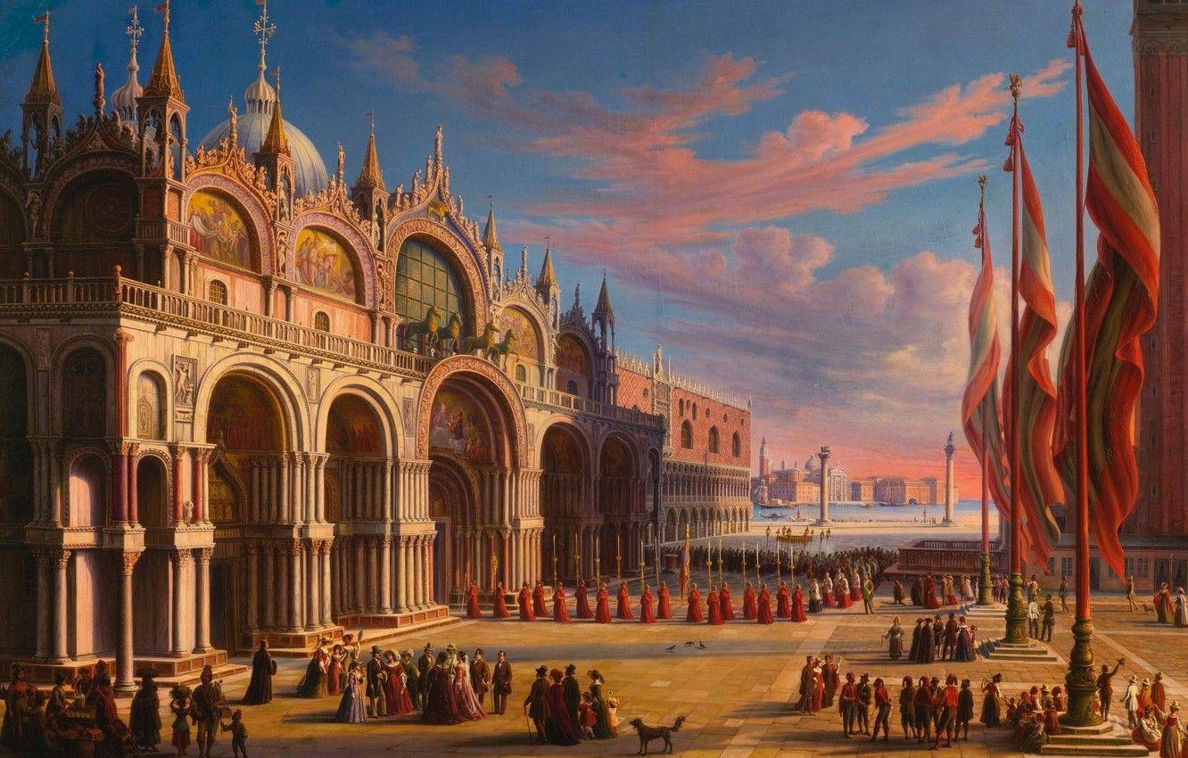 1332x850 Wallpaper city, cathedral, Italy, sunset, square, night, art, clouds, people, painting, Venice, flags, buildings, architecture, Italia, Venice image for desktop, section живопись