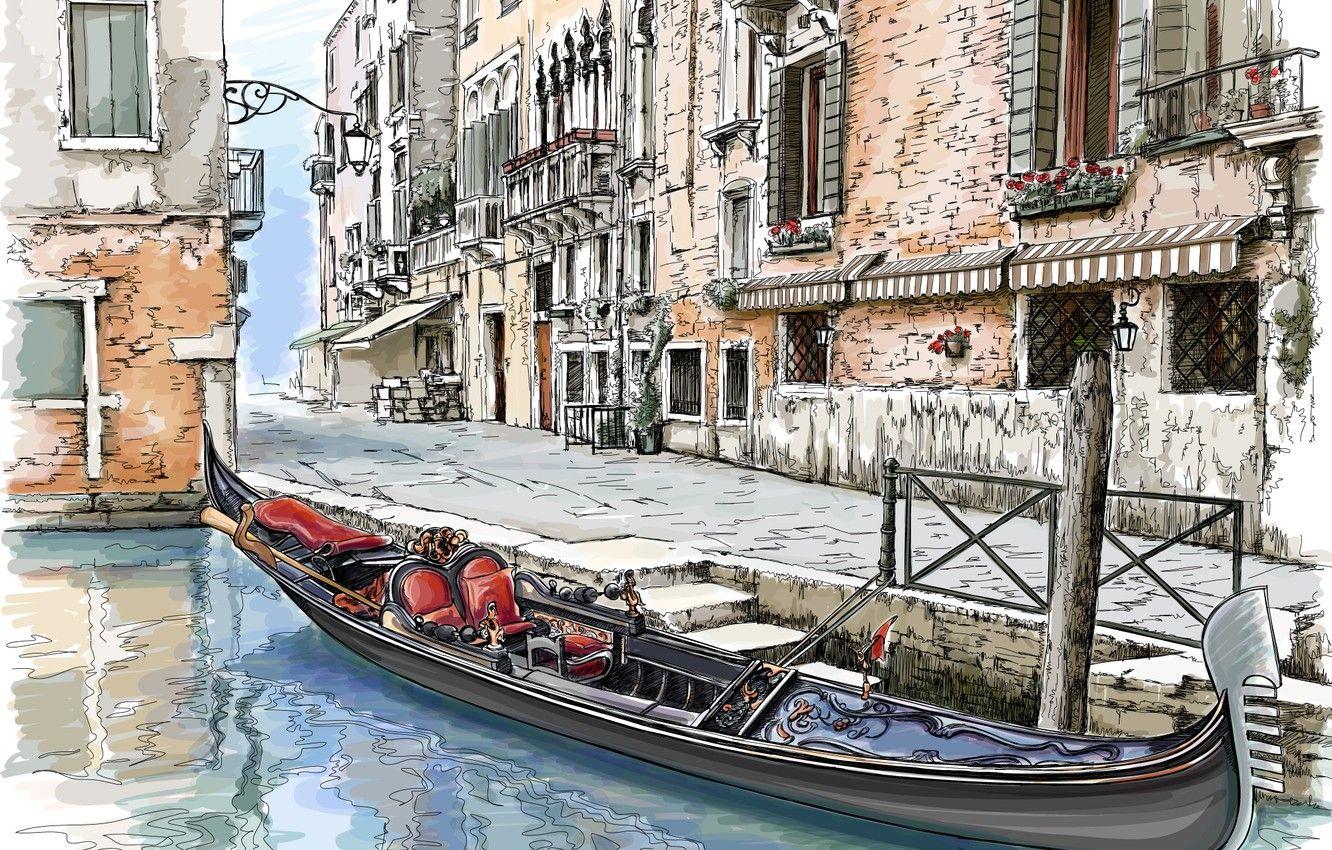 1332x850 Wallpaper the city, street, home, painting, gondola, Venice image for desktop, section живопись