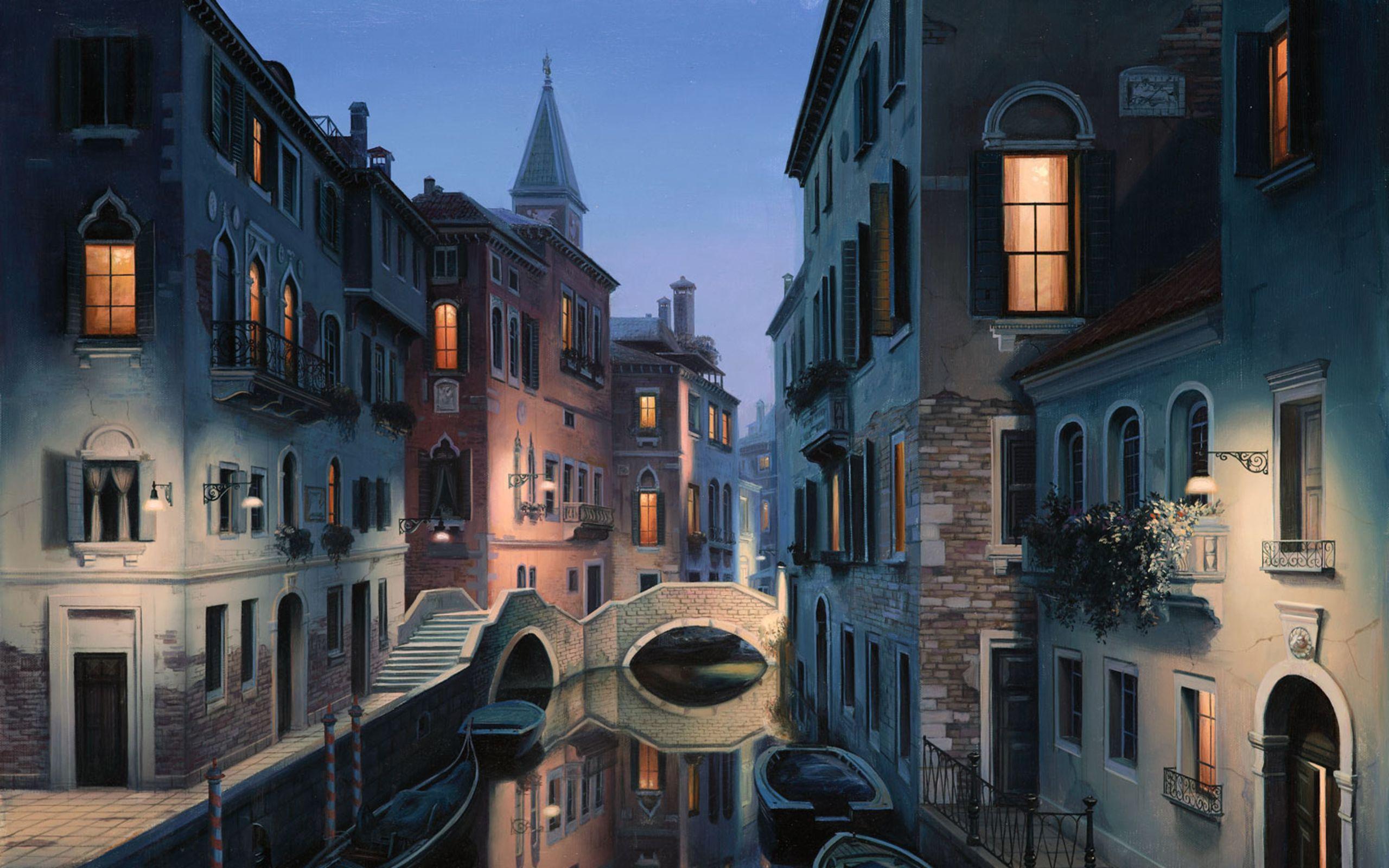 2560x1600 Eugene lushpin painting lushpin city Venice Italy canal gondola wallpaperx1600