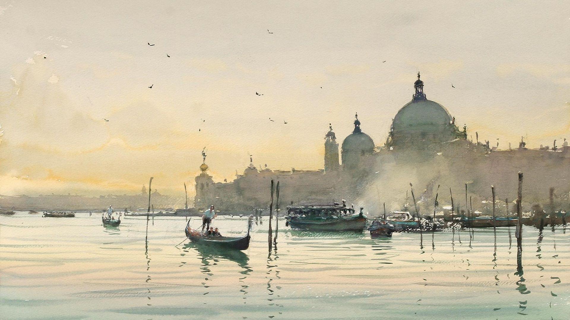 1920x1080 the city, boats, venice, italy, joseph zbukvic, watercolor, morning desktop wallpaper 55863