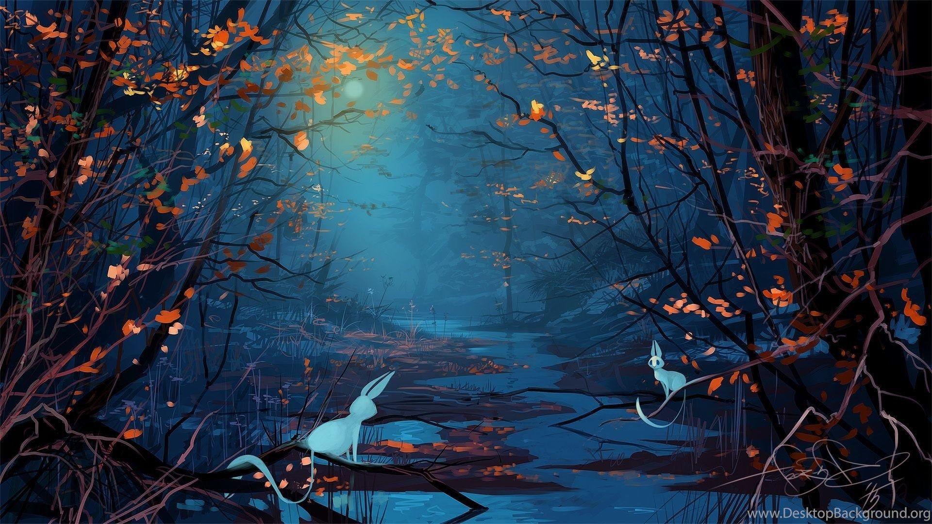 1920x1080 Forest At Night Painting Wallpaper HD Download For Desktop Desktop Background