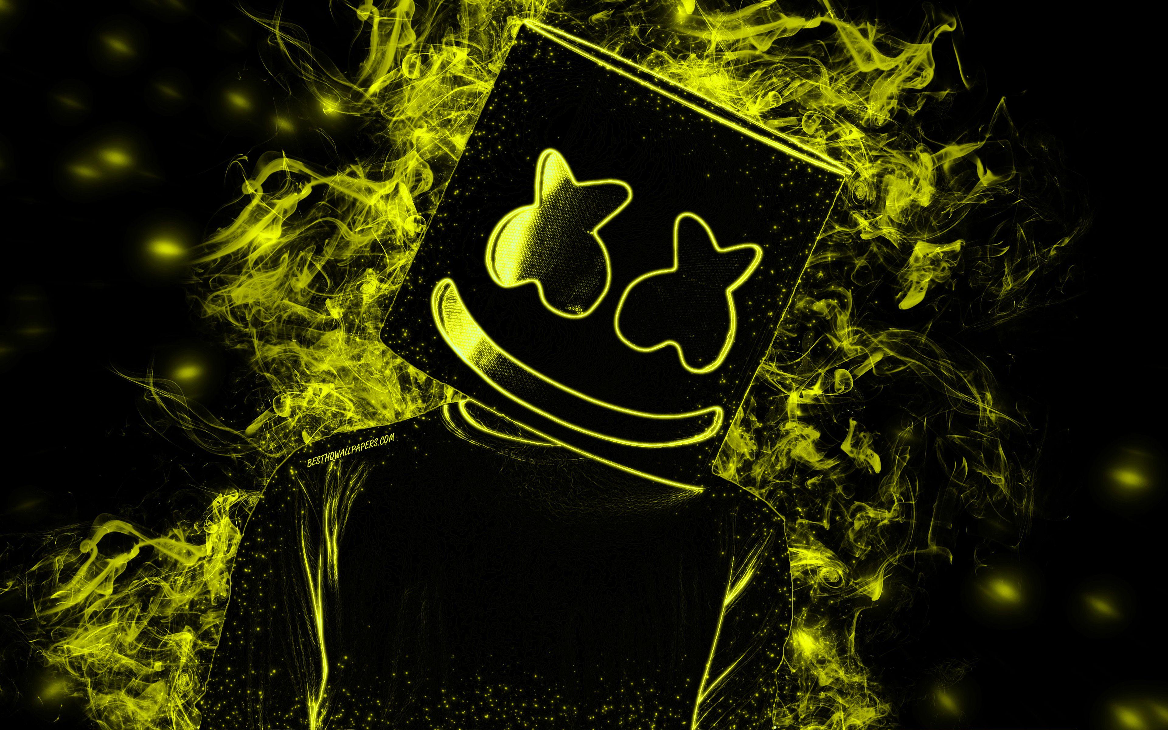 3840x2400 Download wallpaper Marshmello, yellow smoke silhouette, american dj, Marshmello silhouette, black background, creative art for desktop with resolution 3840x2400. High Quality HD picture wallpaper