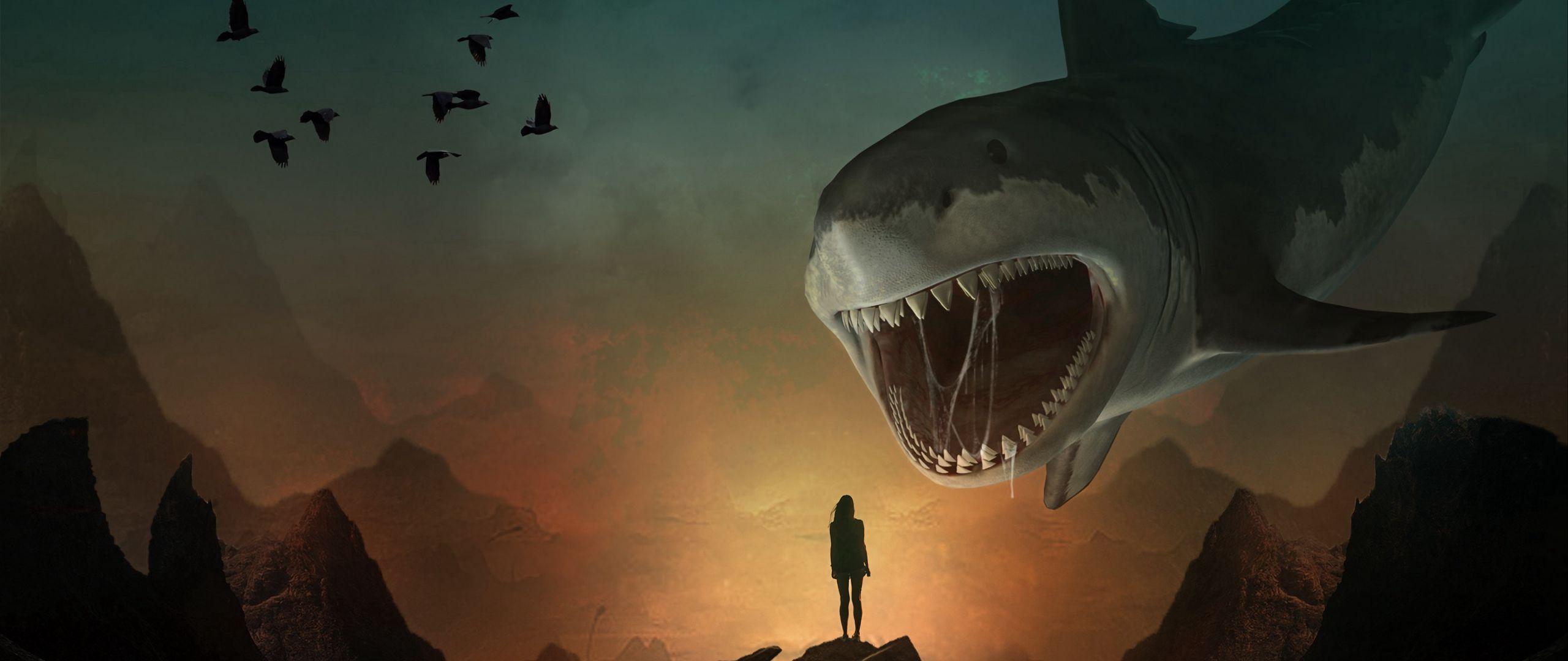 2560x1080 Download wallpaper 2560x1080 silhouette, shark, art, mouth, teeth, predator, illusion dual wide 1080p HD background