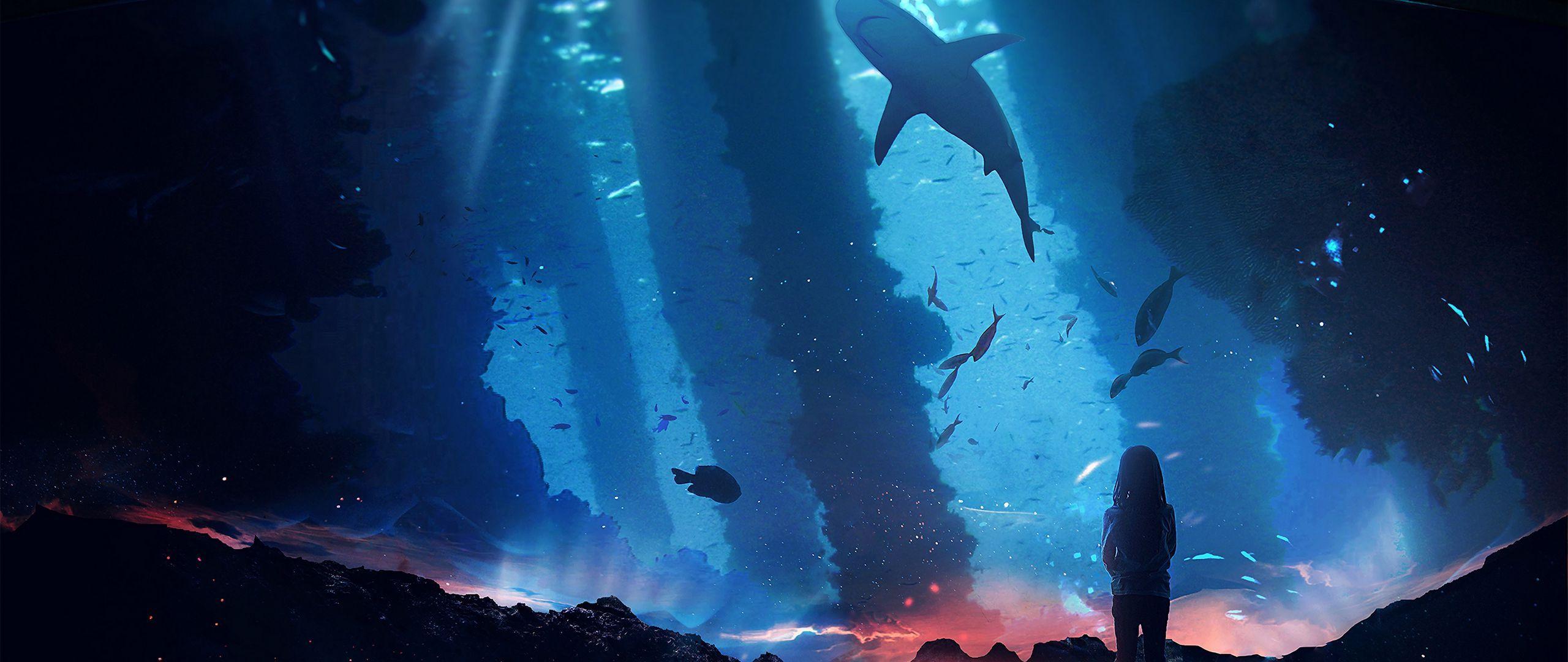 2560x1080 Download wallpaper 2560x1080 silhouette, aquarium, fish, dark, backlight dual wide 1080p HD background