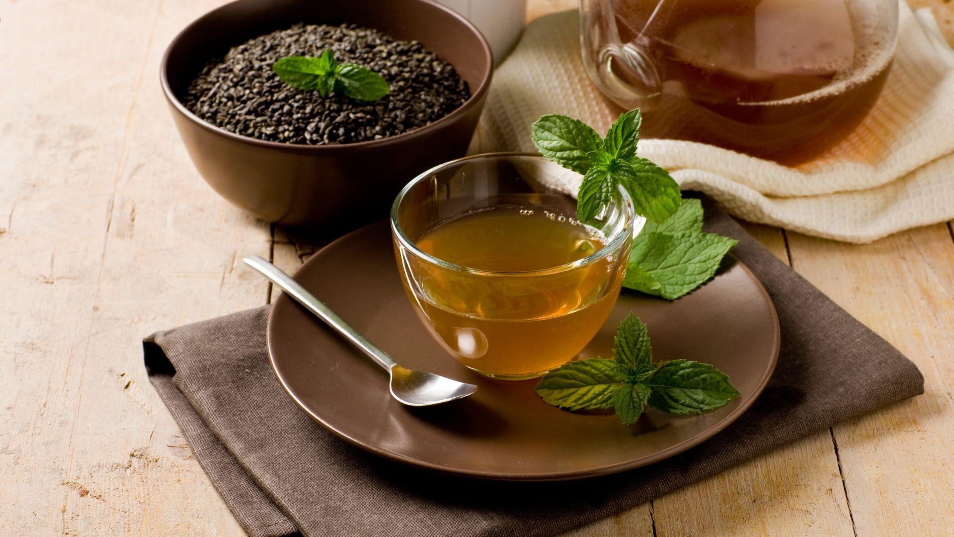 1920x1080 Download Wallpaper 1920x1080 tea, mint, leaves, teapot, spoon, bowl Full HD 1080p HD Background