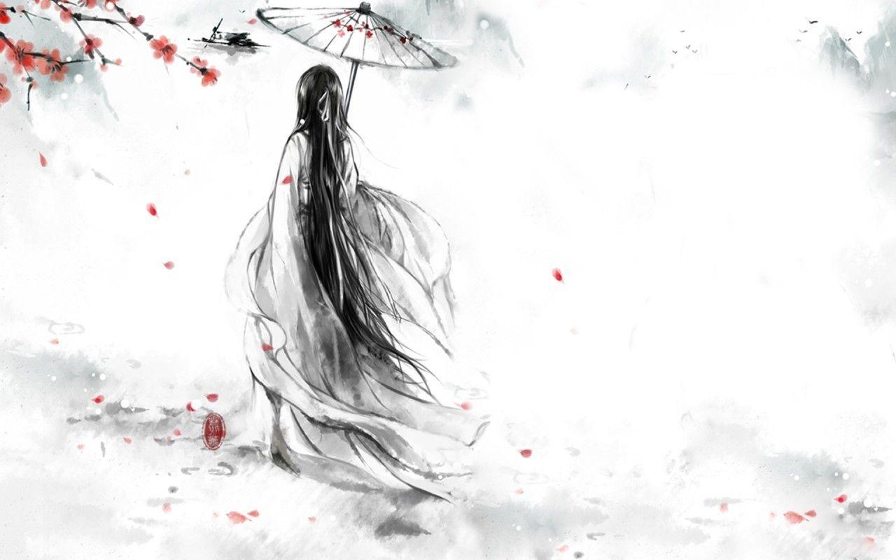 1280x800 Download wallpaper monochrome, cherry, girl, jacket, umbrella, bird, petals, flowers, style resolution 1280x800. Japanese drawings, Drawing wallpaper, Artwork