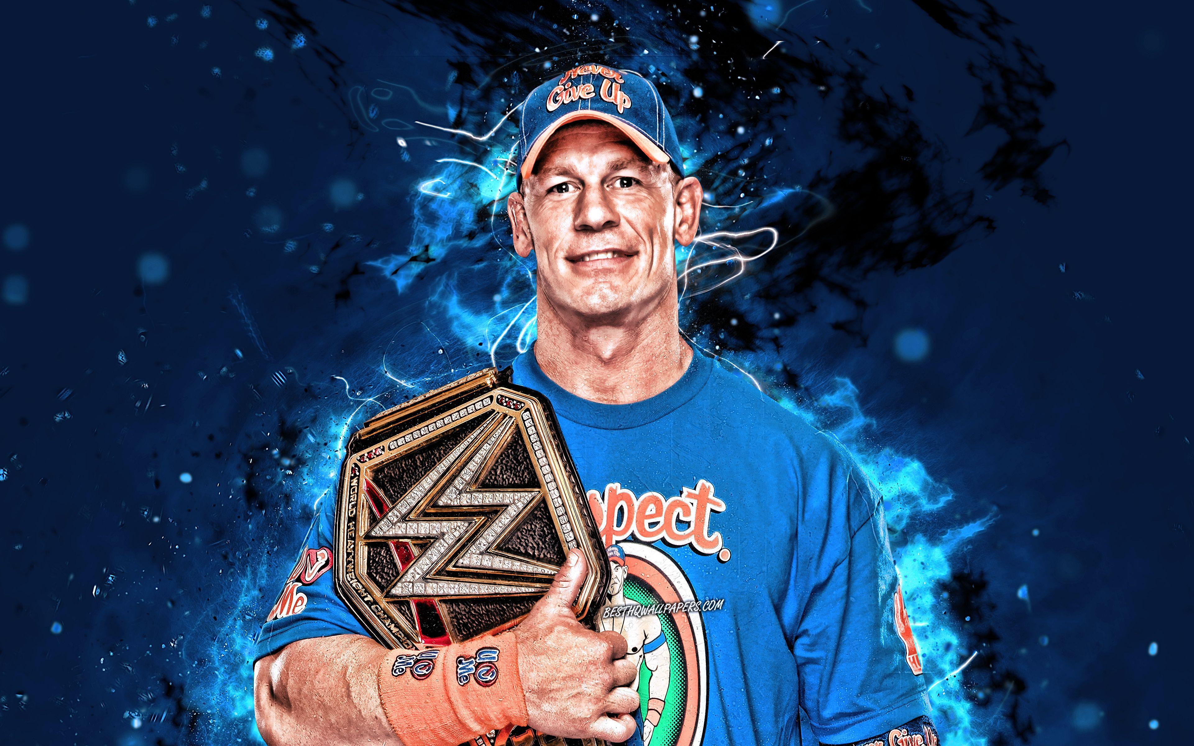 3840x2400 Download wallpaper John Cena, 4k, american wrestlers, WWE, wrestling, neon lights, John Felix Anthony Cena Jr, wrestlers, John Cena 4K for desktop with resolution 3840x2400. High Quality HD picture wallpaper