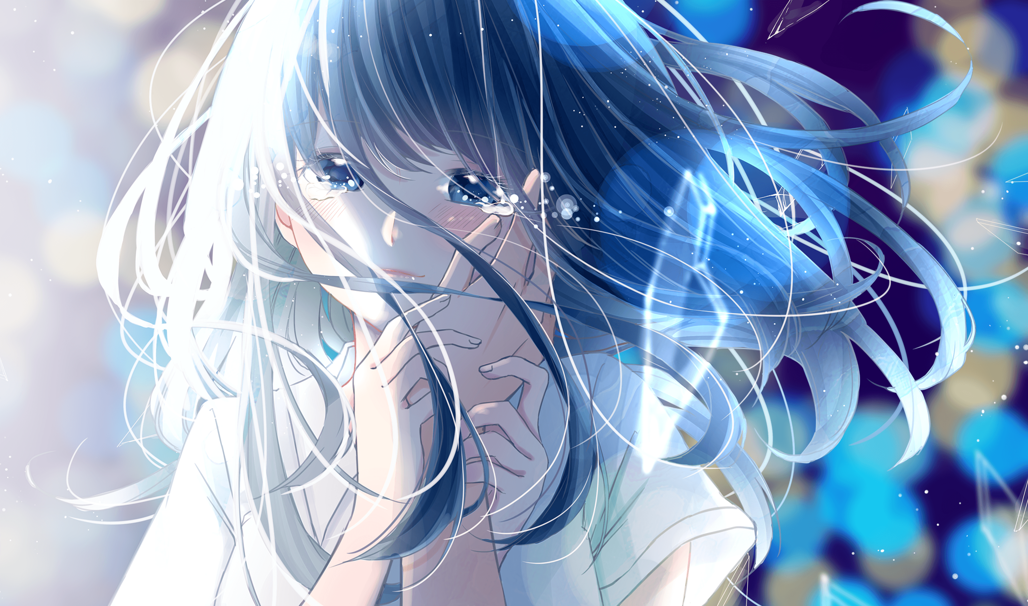 3500x2064 Wallpaper Anime Girl, Crying, Romance, Long Hair, Tears