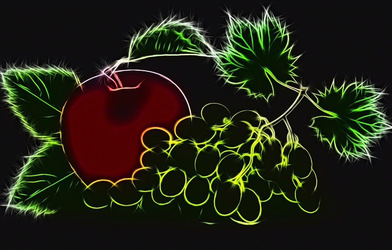 1332x850 Wallpaper rendering, Apple, grapes, black background, contour plot, neon glow image for desktop, section рендеринг