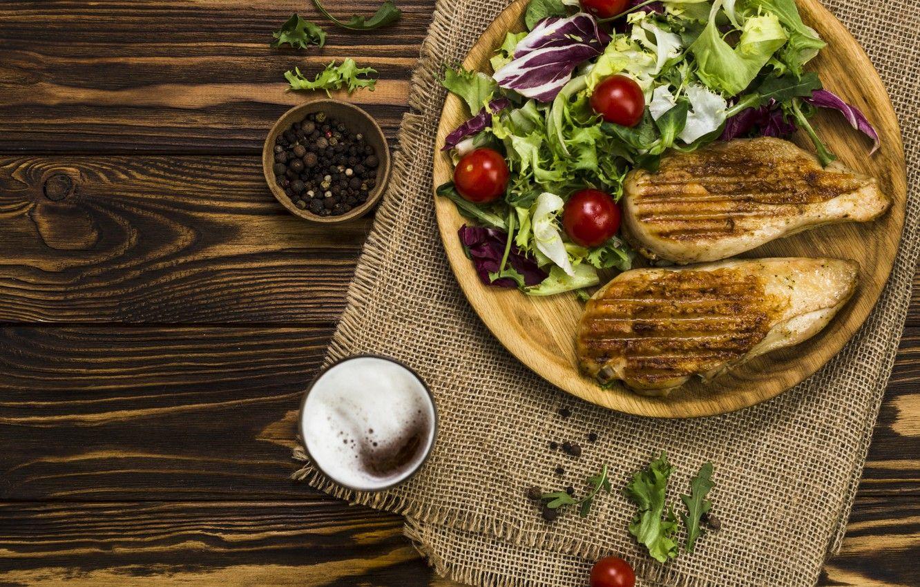 1332x850 Wallpaper glass, chicken, meat, wood, beer, grill, salad, chicken image for desktop, section еда