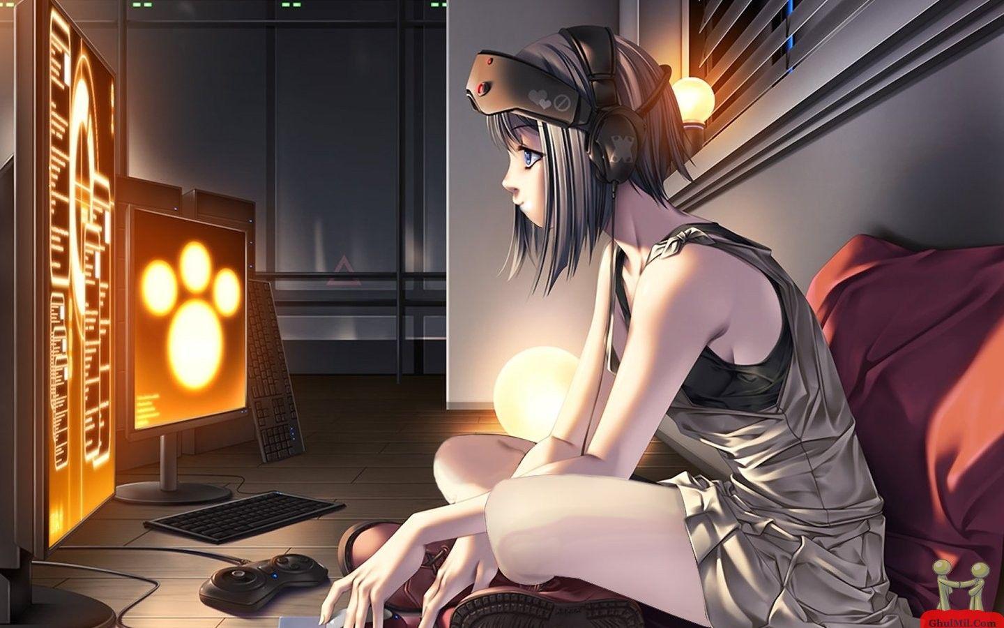 dry-sheep836: Very cute, anime, gamer girl, holding a gamepad in hands,  long brown hair, gray hoodie