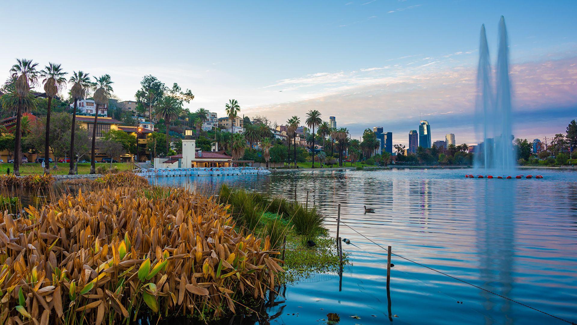 1920x1080 Picture Los Angeles USA Fountains Echo Park Lake Nature 1920x1080