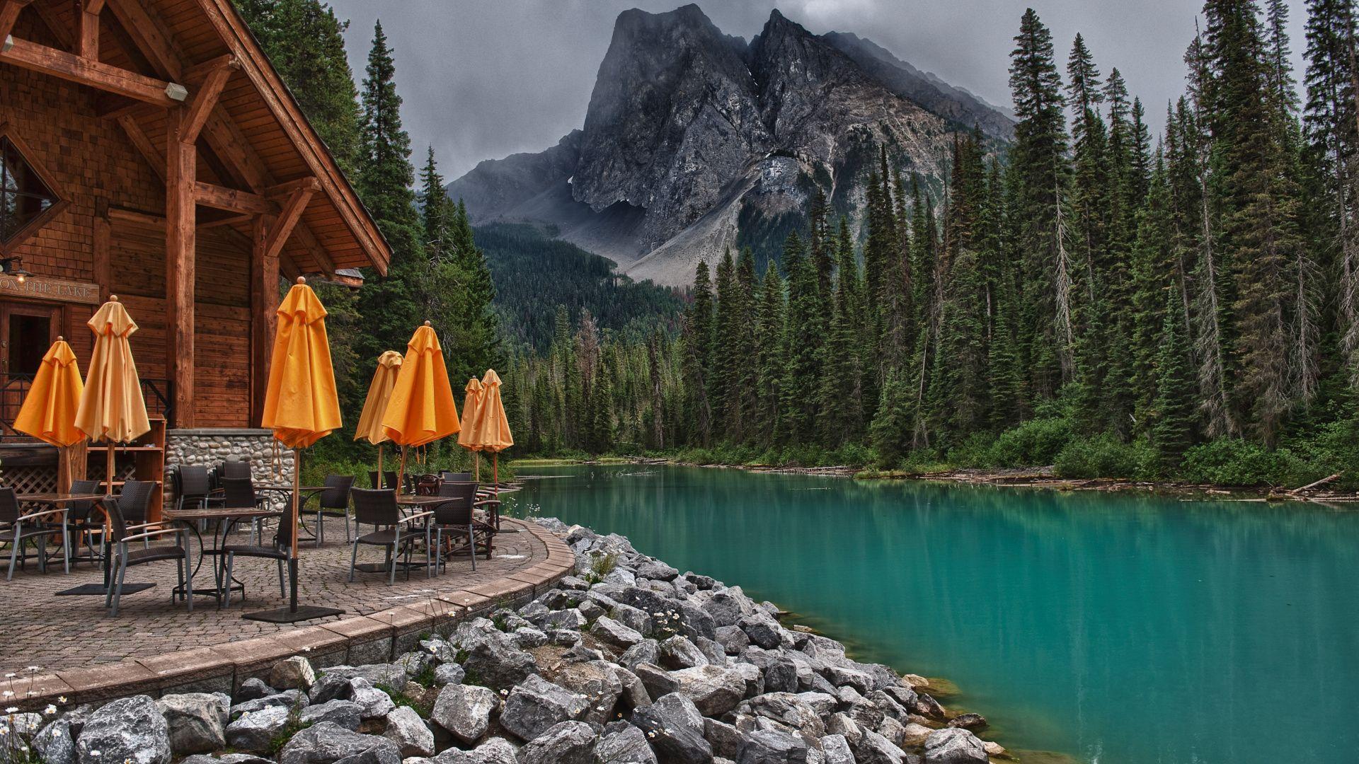1920x1080 Download Banff, Emerald Lake, mountains, tree, Yoho National Park wallpaper, 1920x Full HD, HDTV, FHD, 1080p