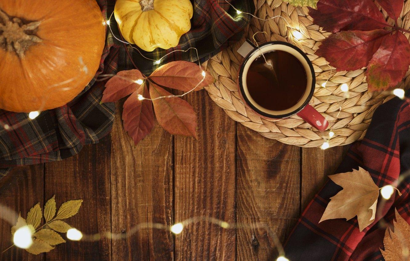 1332x850 Wallpaper autumn, leaves, background, Board, colorful, pumpkin, maple, wood, background, autumn, leaves, cup, autumn, tea, pumpkin, maple image for desktop, section еда