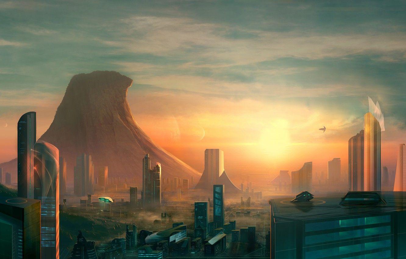 1332x850 Wallpaper The sun, Sunrise, The city, Future, Dawn, Building, City, Fantasy, Landscape, Sky, Art, Sun, Sunrise, Future, Morning, Illustration image for desktop, section фантастика