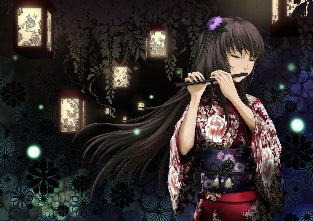 1228x868 Vocaloid, flowers, Megurine Luka, long hair, anime, flute, Japanese clothes, anime girls, black hair wallpaper