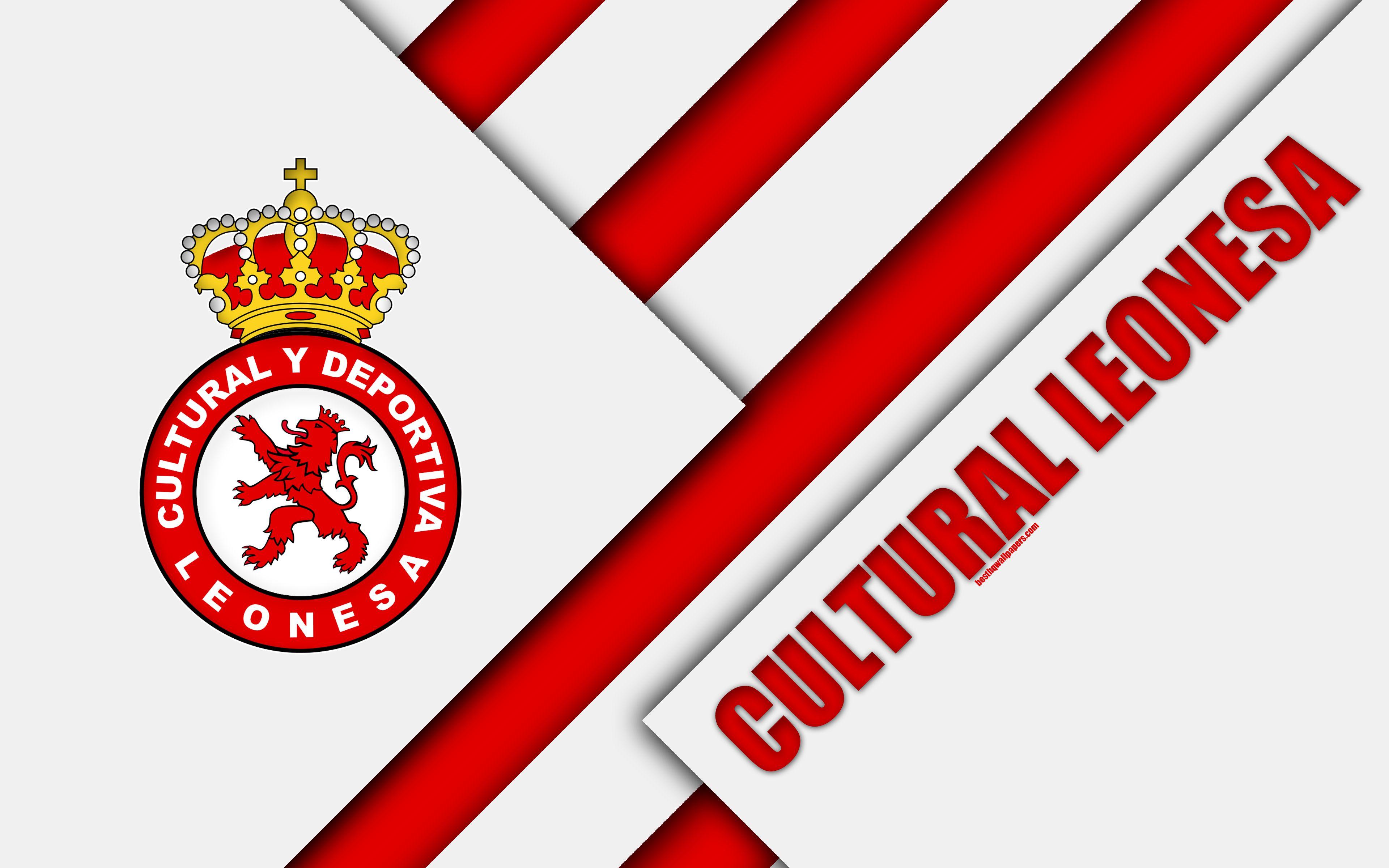 3840x2400 Download wallpaper Cultural Leonesa, 4k, material design, Spanish football club, red white abstraction, logo, Leon, Spain, Segunda Division, football, Leonesa FC for desktop with resolution 3840x2400. High Quality HD picture wallpaper
