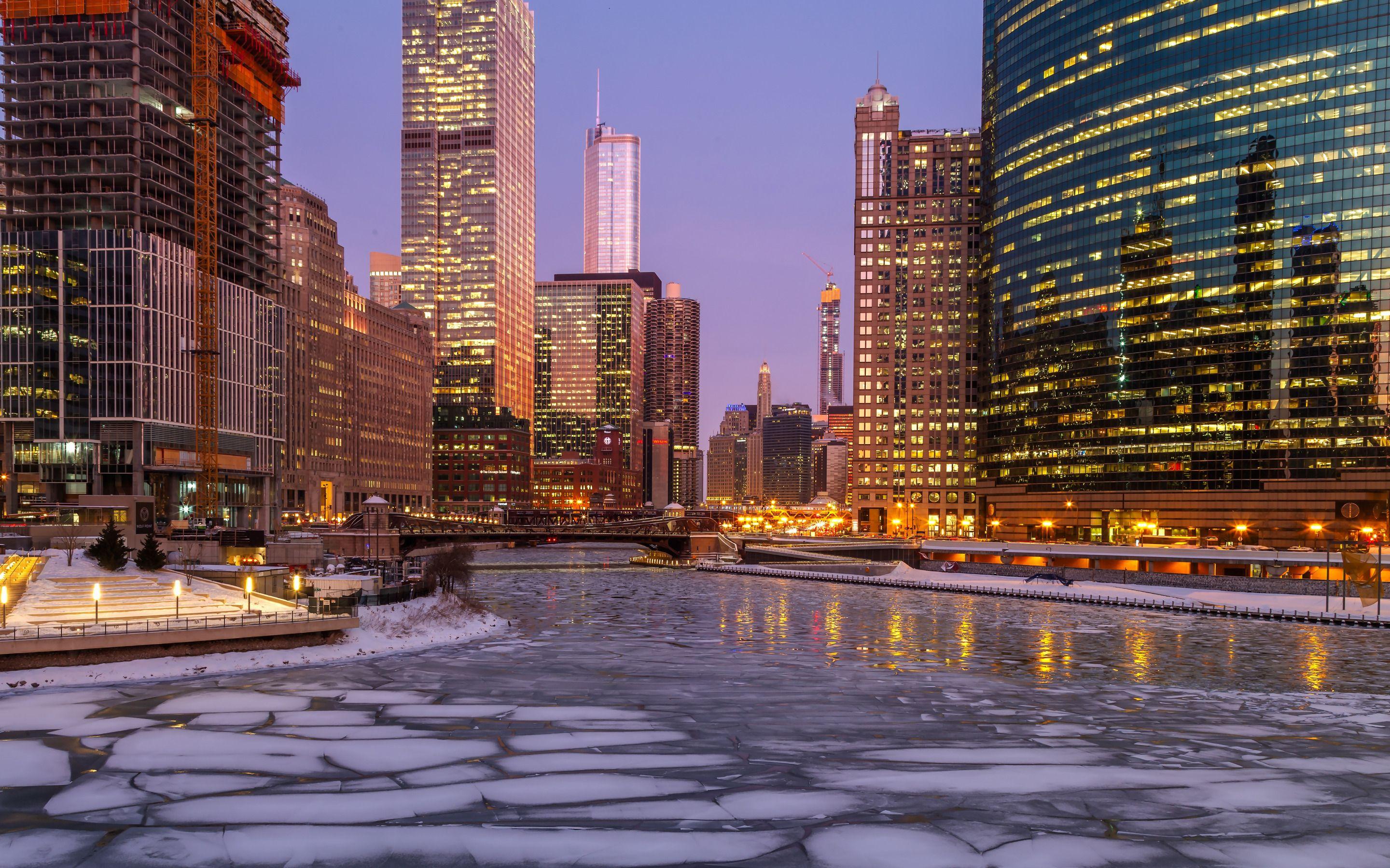 2880x1800 Download wallpaper Chicago, spring, evening, sunset, skyscrapers, metropolis, modern buildings, USA for desktop with resolution 2880x1800. High Quality HD picture wallpaper