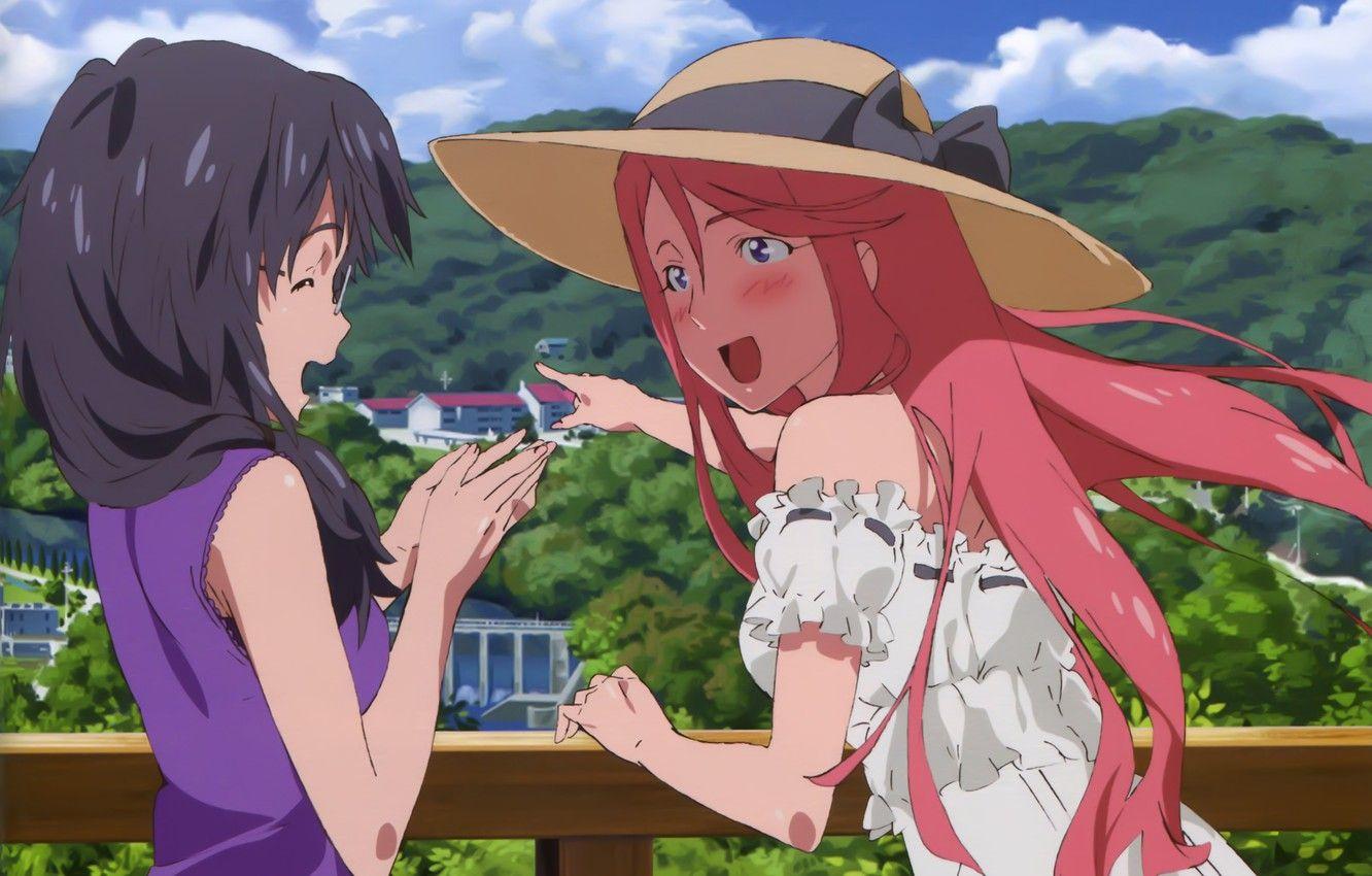 1332x850 Wallpaper girls, hat, art, friend, sundress, red hair, Ano Natsu de Matteru, Emika Takatsuki, Pepako Dokata, Nana Artist Kirishima, We are waiting for you in the summer image for desktop, section прочее