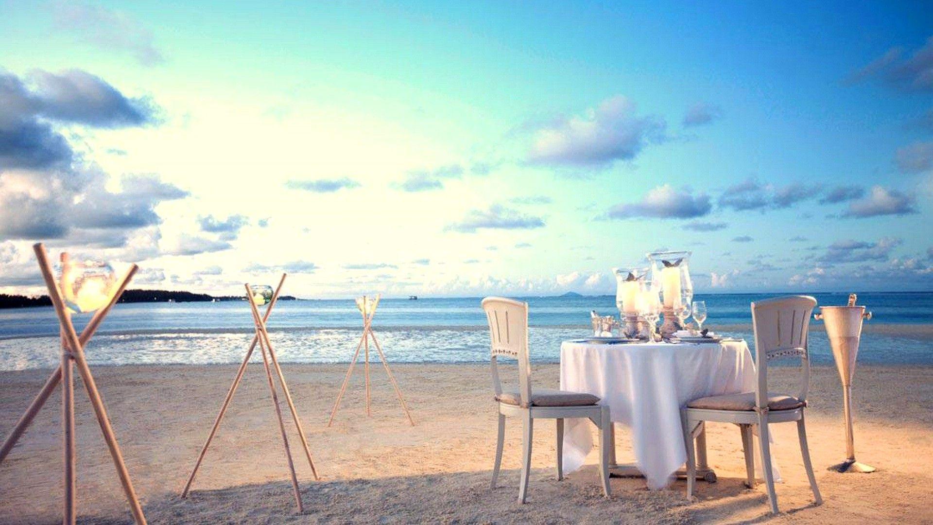 1920x1080 Beach: Mauritius Dinner Beach Candles Light Ocean Waves Evening