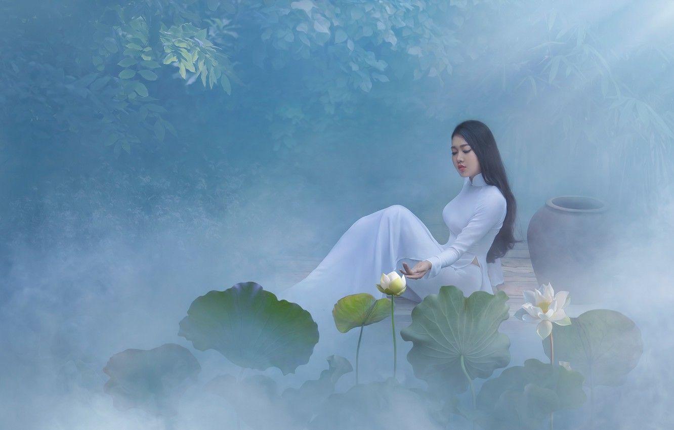 1332x850 Wallpaper leaves, girl, light, flowers, pose, fog, pond, style, white, shore, model, hair, garden, dress, brunette, Lotus image for desktop, section стиль