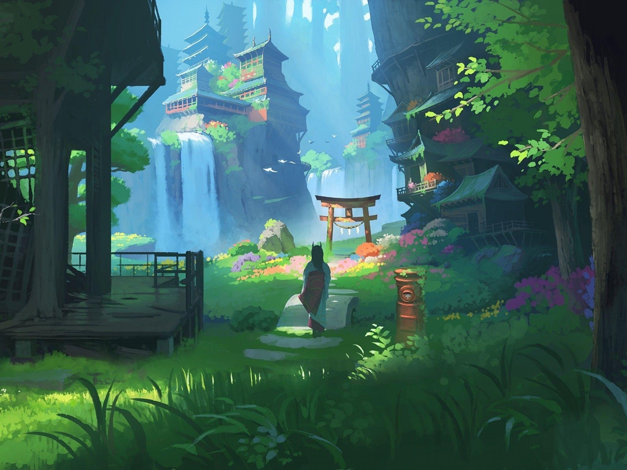 2048x1536 Download 2048x1536 Anime Landscape, Waterfall, Fantasy, Asian Buildings, Japanese Clothes, Horns Wallpaper for Ainol Novo 9 Spark