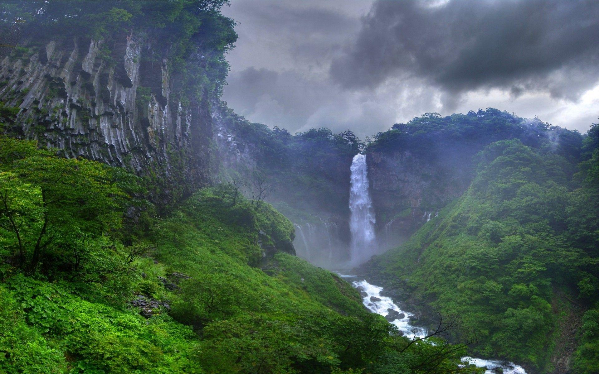1920x1200 nature landscape waterfall river forest clouds japan mist trees wallpaper. Mocah.org HD Desktop Wallpaper