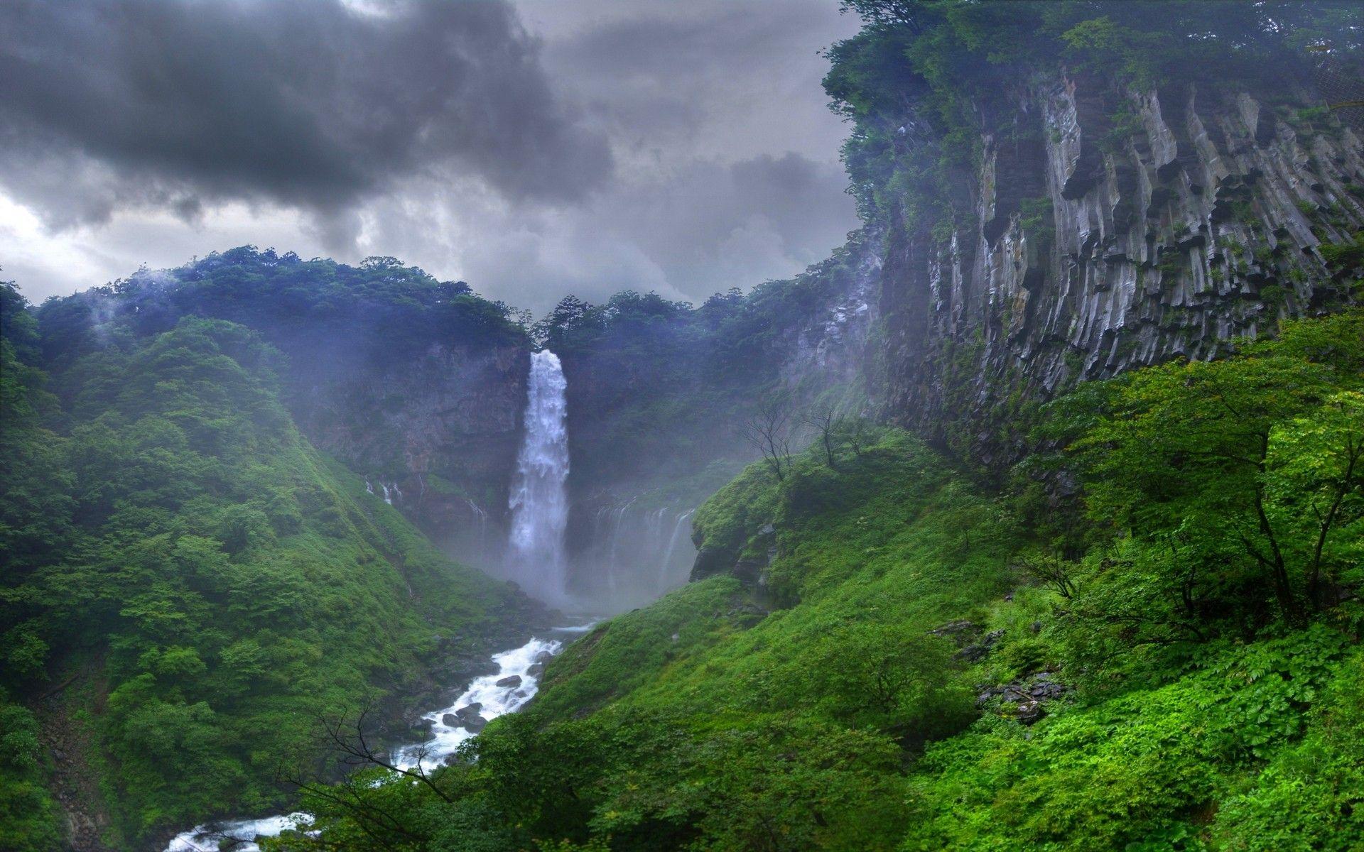 1920x1200 #waterfall, #forest, #trees, #nature, #mist, #river, #landscape, #clouds, #Japan, wallpaper. Mocah.org HD Desktop Wallpaper