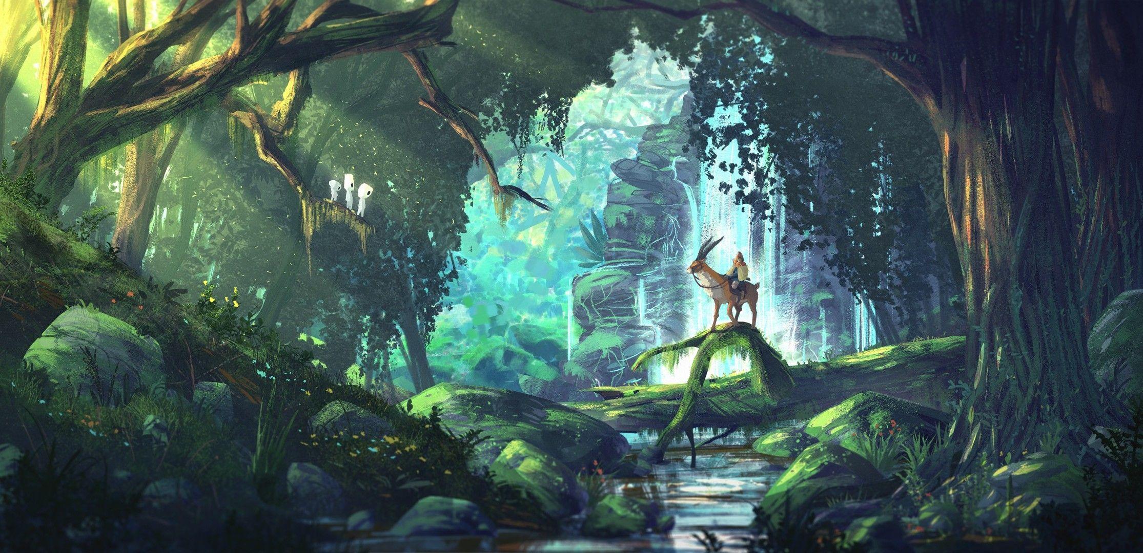 2230x1080 Nghệ thuật tưởng tượng, Anime, Rừng, Công chúa Mononoke, Studio Ghibli