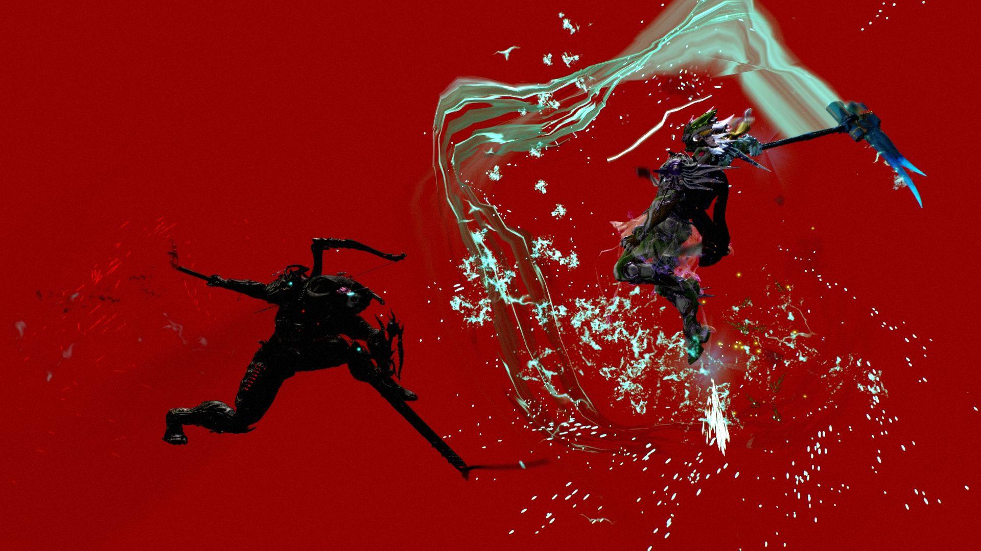 1920x1080 Warframe Fashionframe Ash Ivara Comics Ninja Robots Sword Duel PC Gaming Red Background Wallpaper:1920x1080