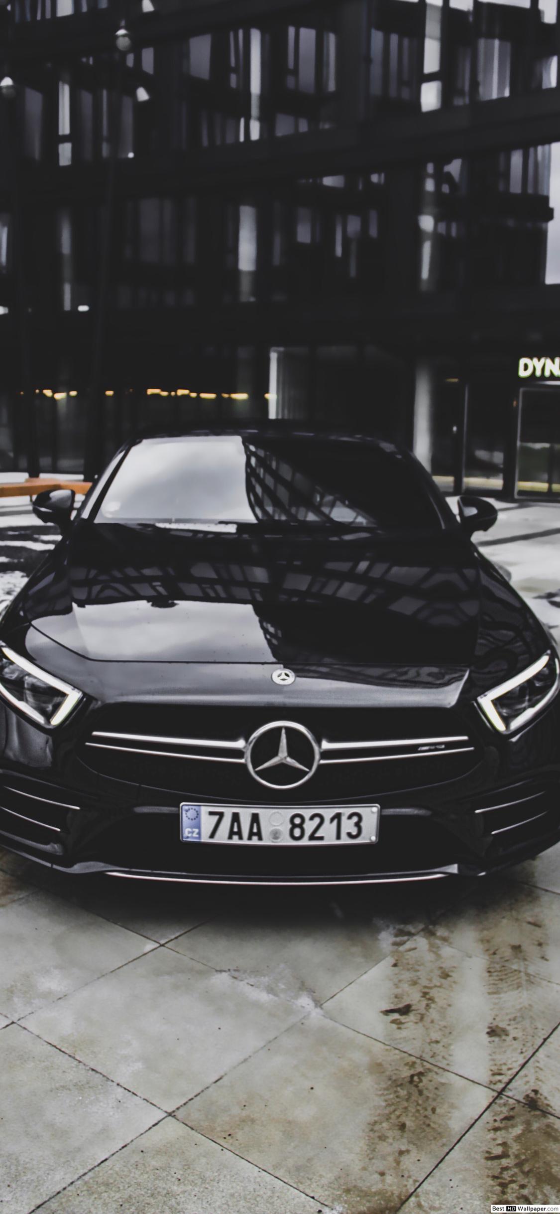 1125x2436 Black Mercedes Benz Car Parked Outside Dynamics Building HD Wallpaper Download