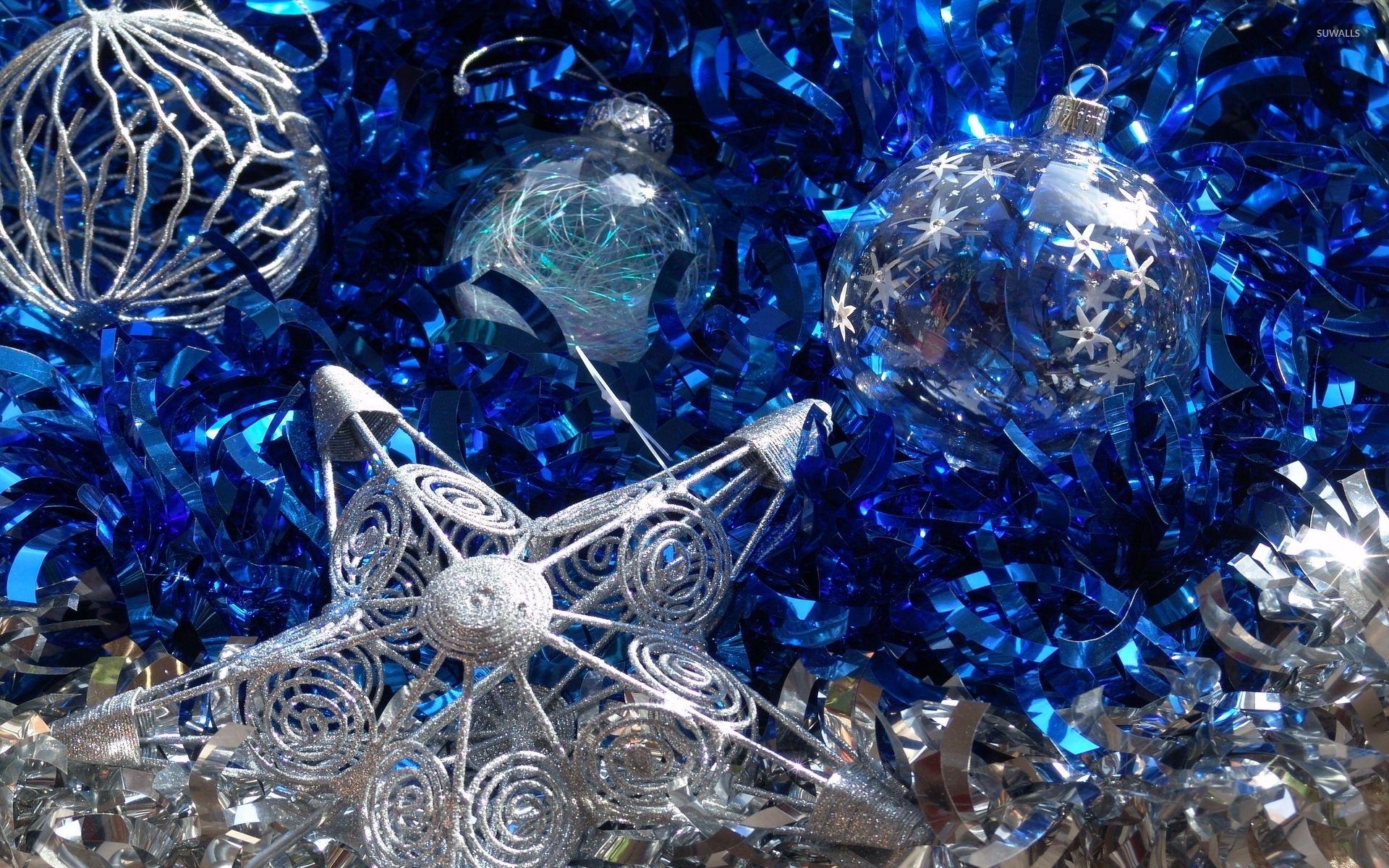 1920x1200 Silver baubles on blue ribbon wallpaper wallpaper