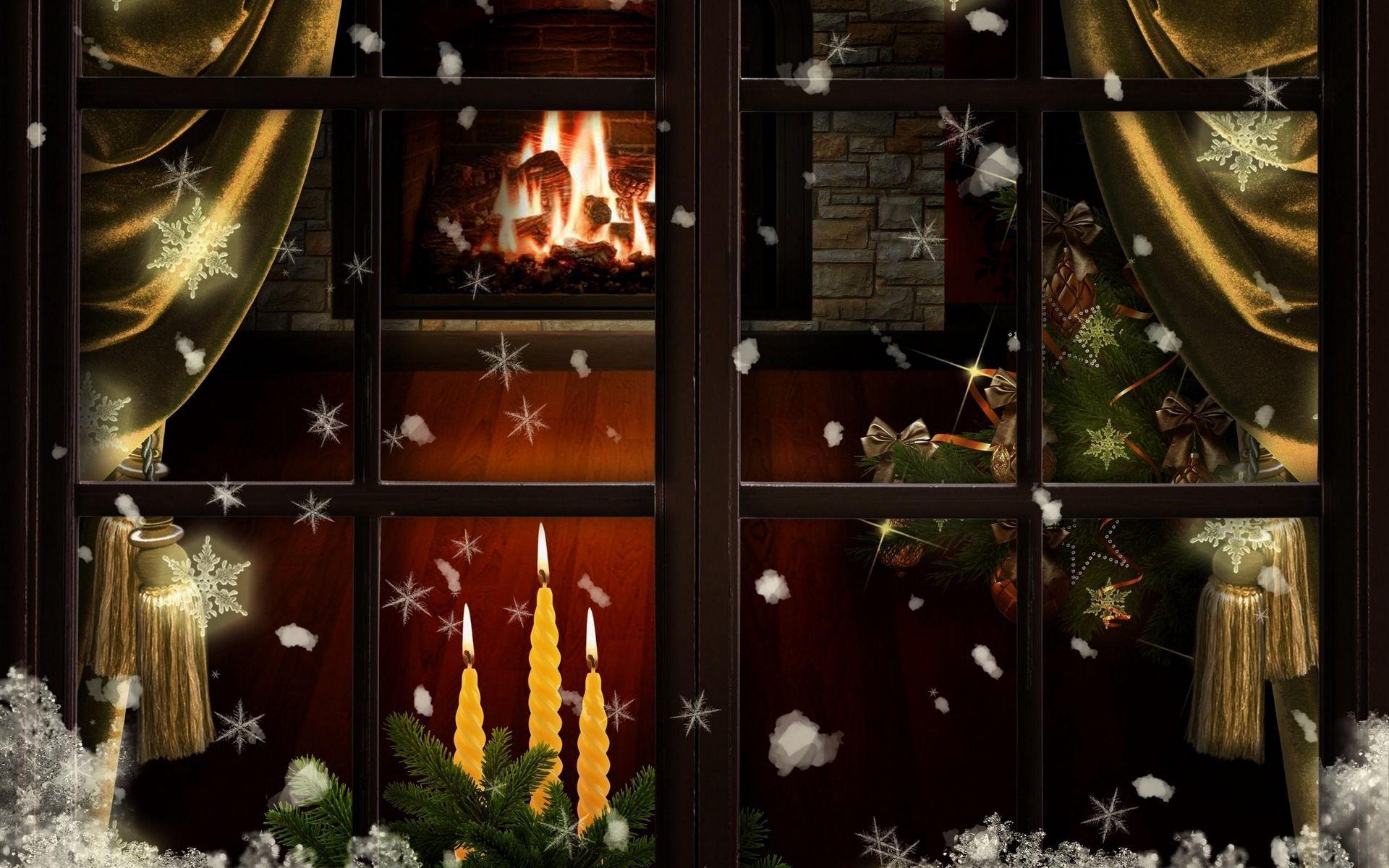 1920x1200 Download wallpaper 1920x1200 window, fireplace, candles, christmas tree, cozy, christmas widescreen 16:10 HD background