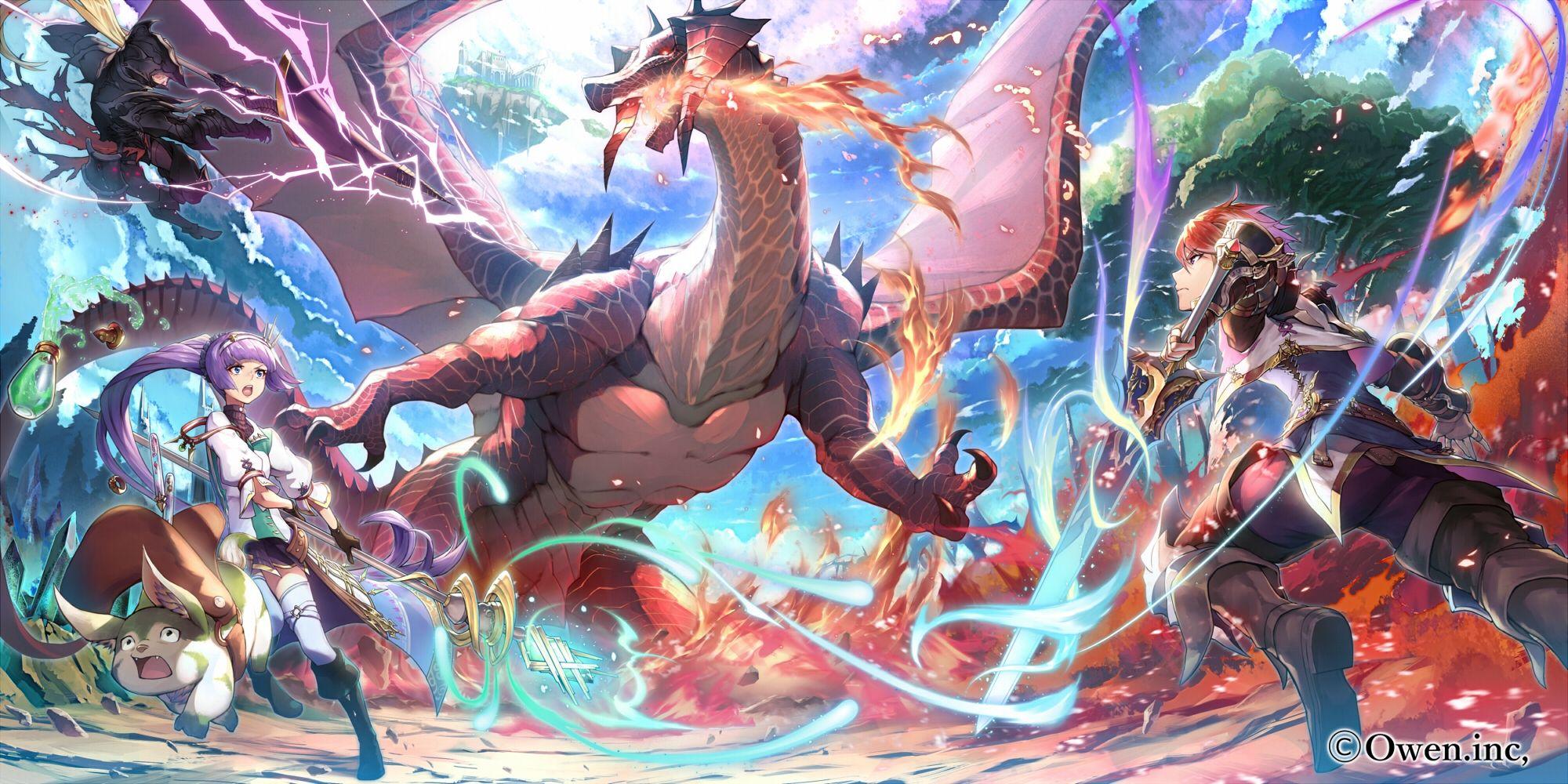 2000x1000 Download 2000x1000 Anime Dragon, Fantasy, Knight, Magic, Sword, Battle Wallpaper