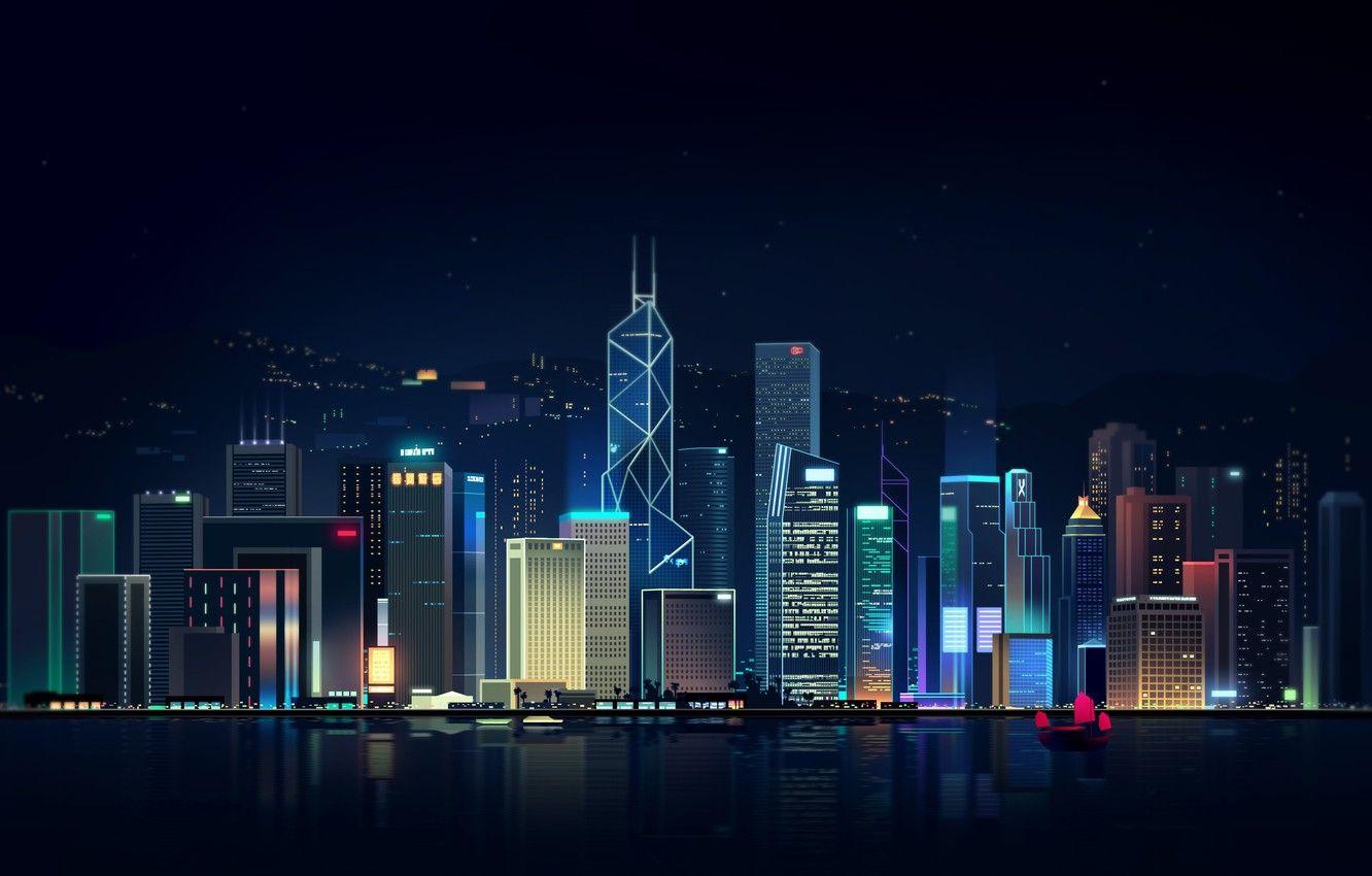 1332x850 Wallpaper Reflection, Sea, Hong Kong, Night, Vector, The city, Neon, Ship, Light, Style, Building, China, Architecture, Art, Graphics, Hong Kong image for desktop, section рендеринг