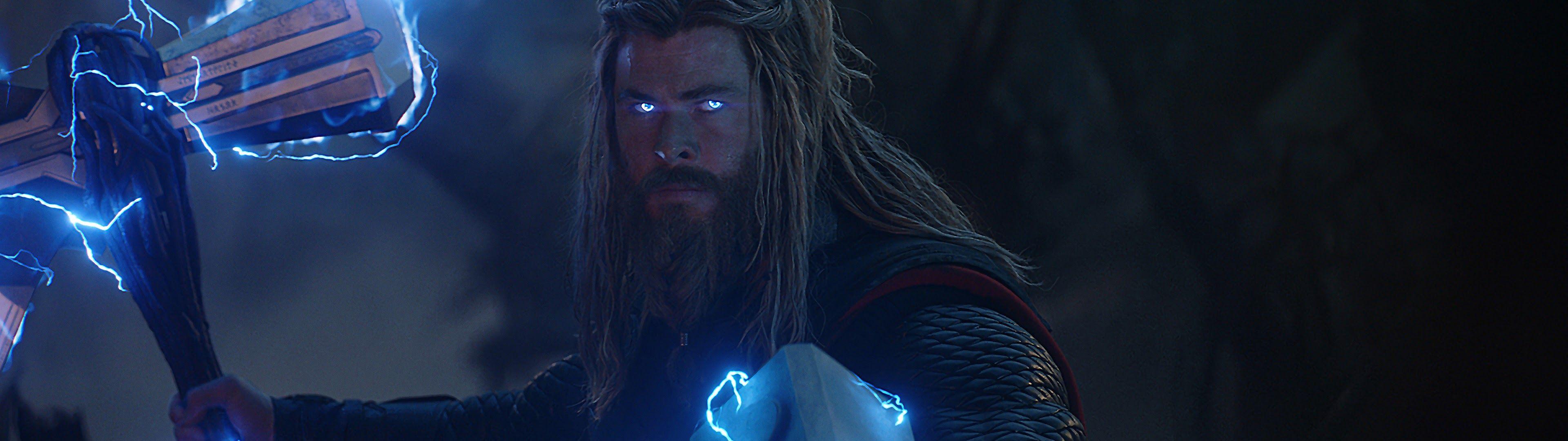 3840x1080 Avengers: Endgame Thor Stormbreaker Mjolnir Lightning 8K Wallpaper