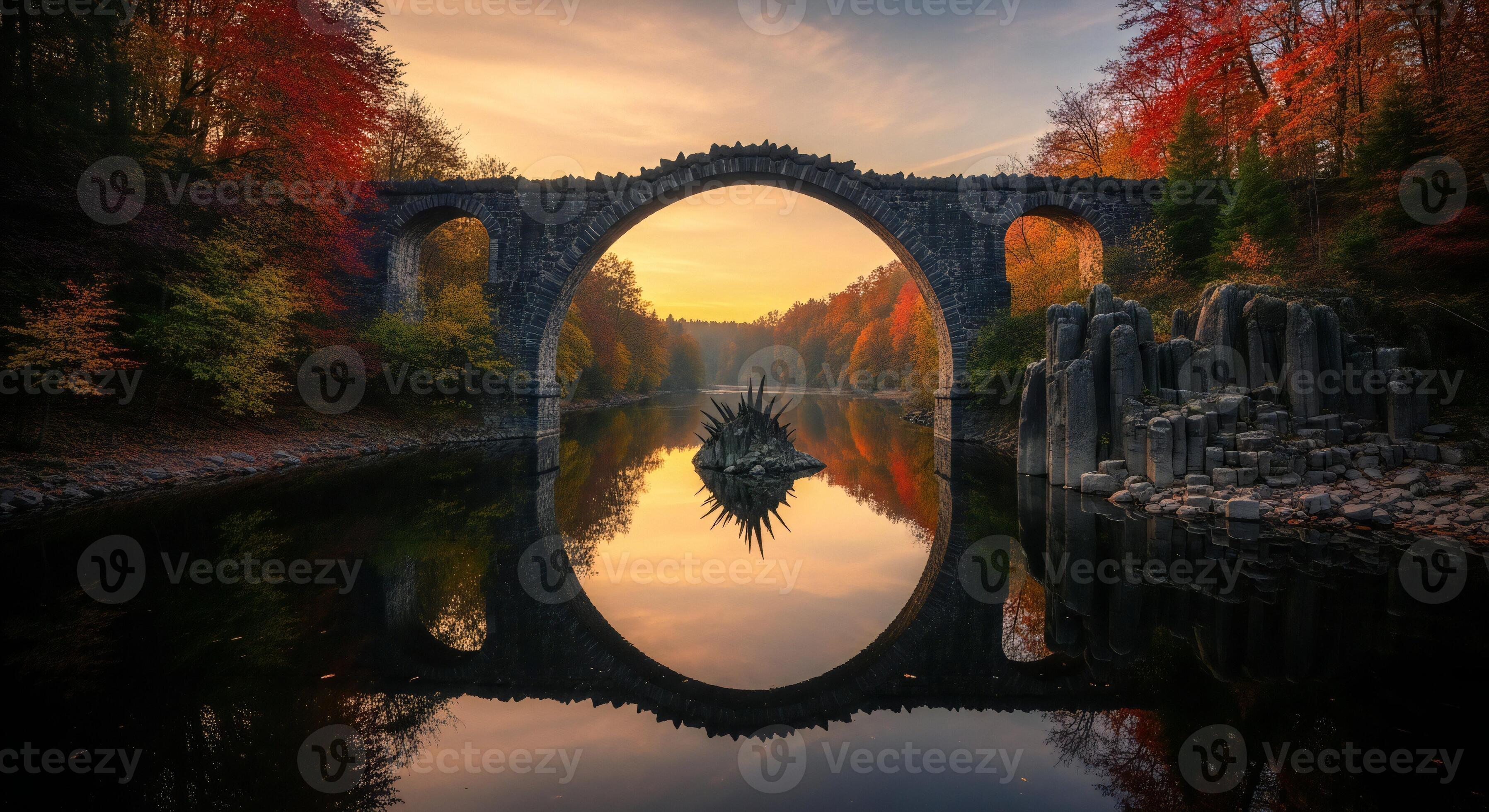 3593x1960 Nature background, Nature wallpaper, Ancient stone arch bridge over still water with autumn trees and basalt columns