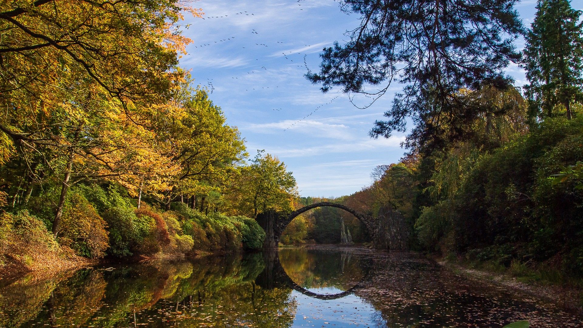 1920x1080 Azalea and Rhododendron Park Fall Rakotzbrücke Devil's Bridge HD Travel Wallpaper