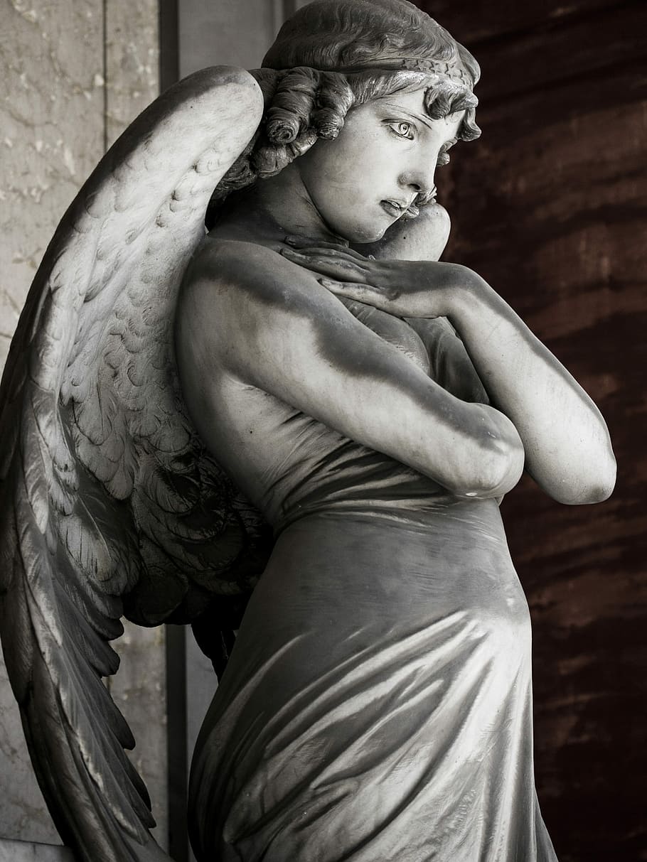 910x1213 HD wallpaper: female angel statue, Staglieno, Sculpture, Genoa, beauty, indoors